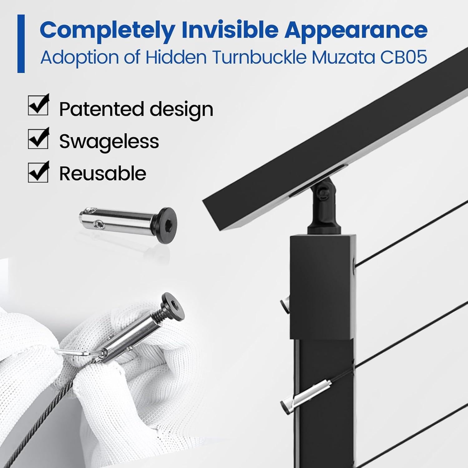 Muzata Kit Barandilla de Cable Negro 36cm Ajustable