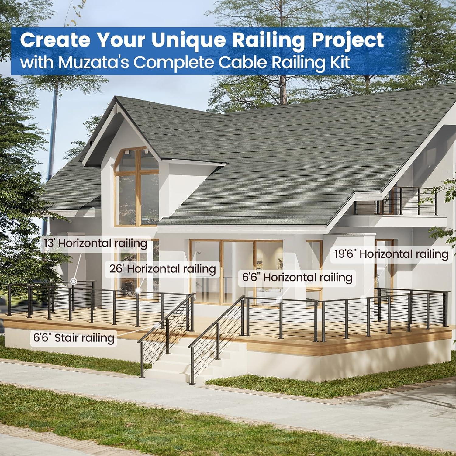 Muzata Kit Barandilla de Cable Negro 36cm Ajustable