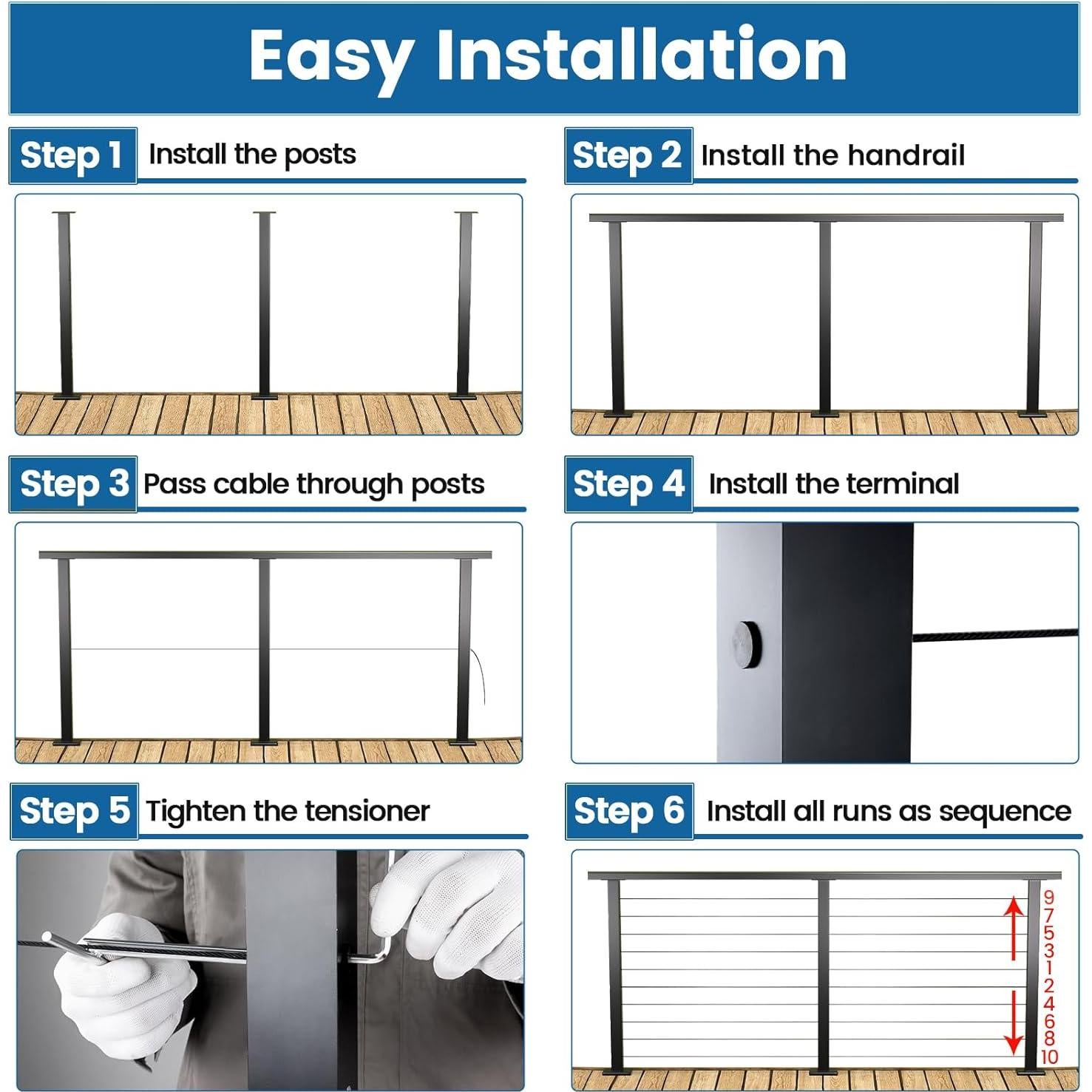 Muzata Kit Barandilla de Cable Negro 36cm Ajustable