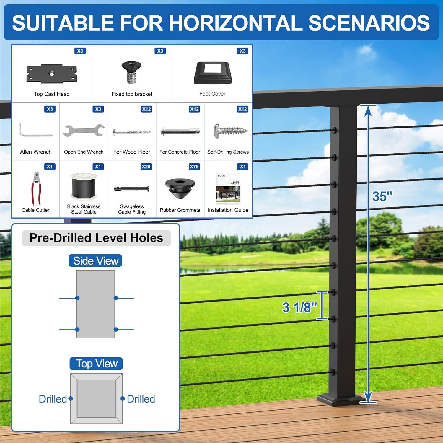 Kit de Barandilla de Cable PLANTOP 3 Postes 88.9 cm Negro