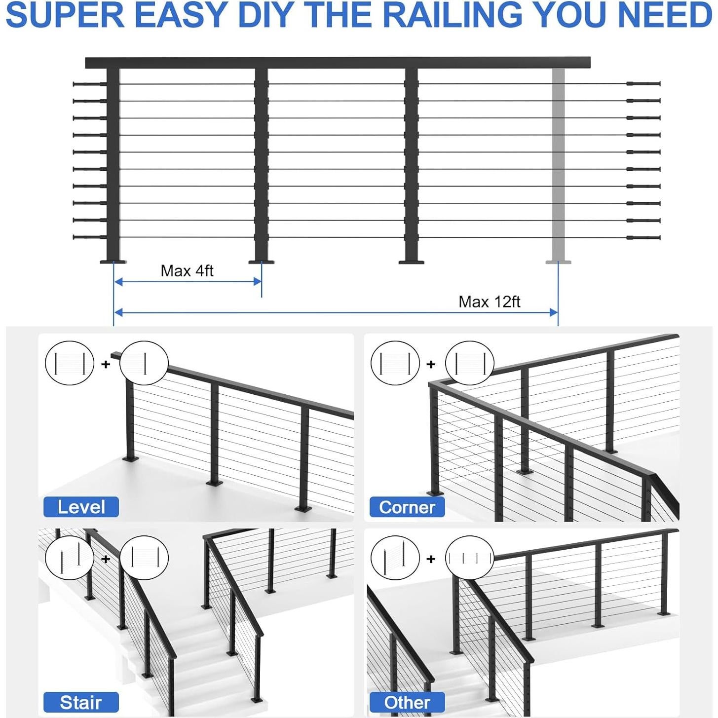 Kit de Barandilla de Cable PLANTOP 3 Postes 88.9 cm Negro