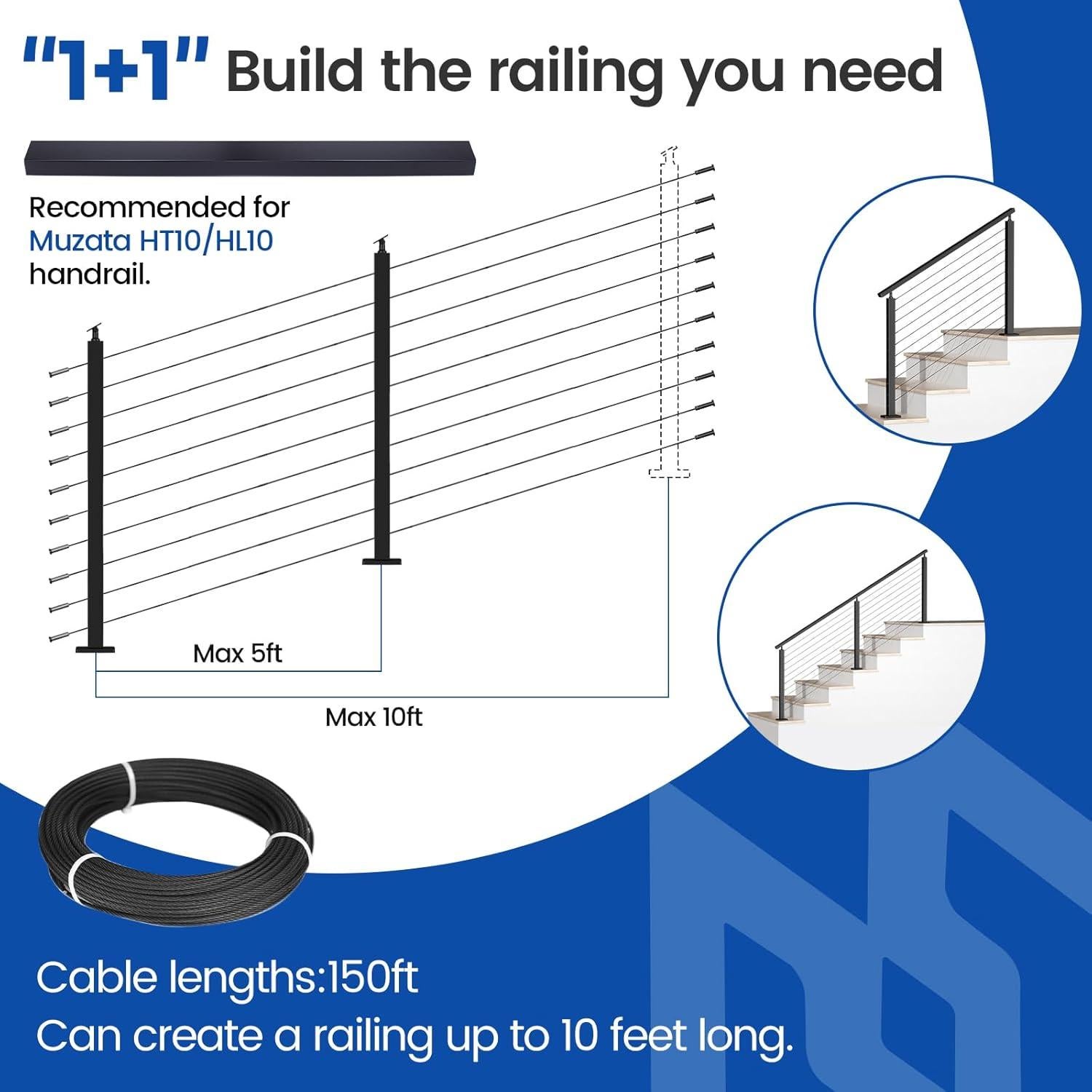 Kit Barandilla de Cable Muzata 2 Postes 8,39 kg 150 pies