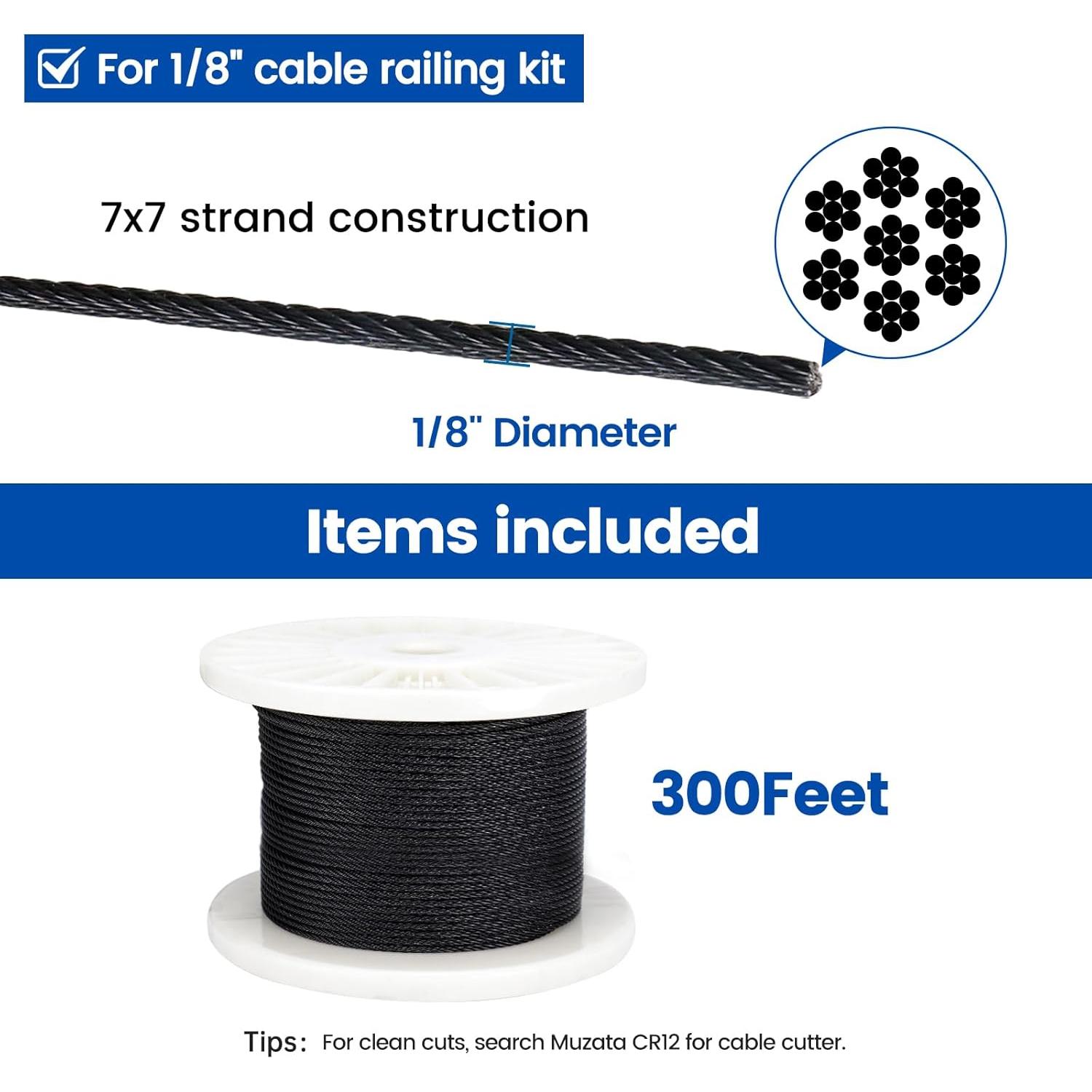 Cable de Acero Inoxidable Muzata 91m 1/8" Negro T316