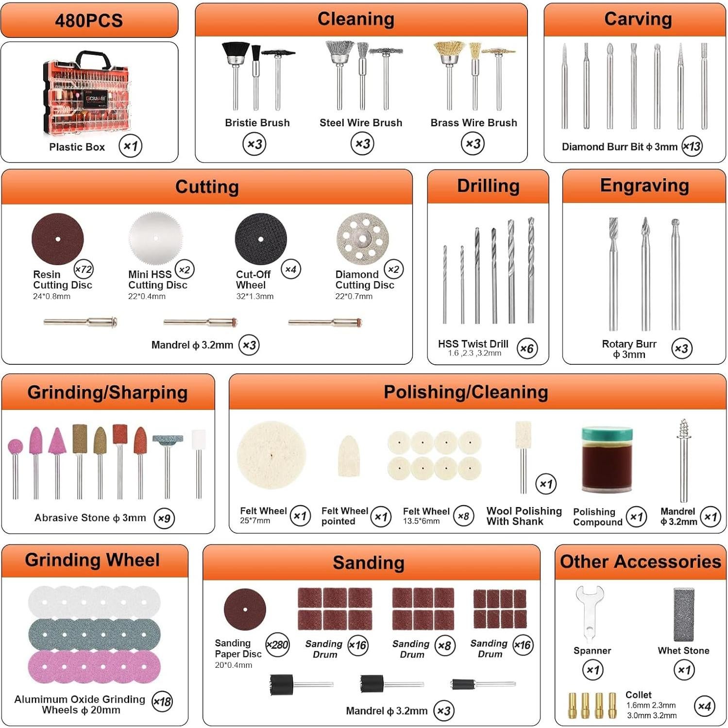 Kit de Accesorios Rotativos 480 Pcs GOXAWEE Multiusos