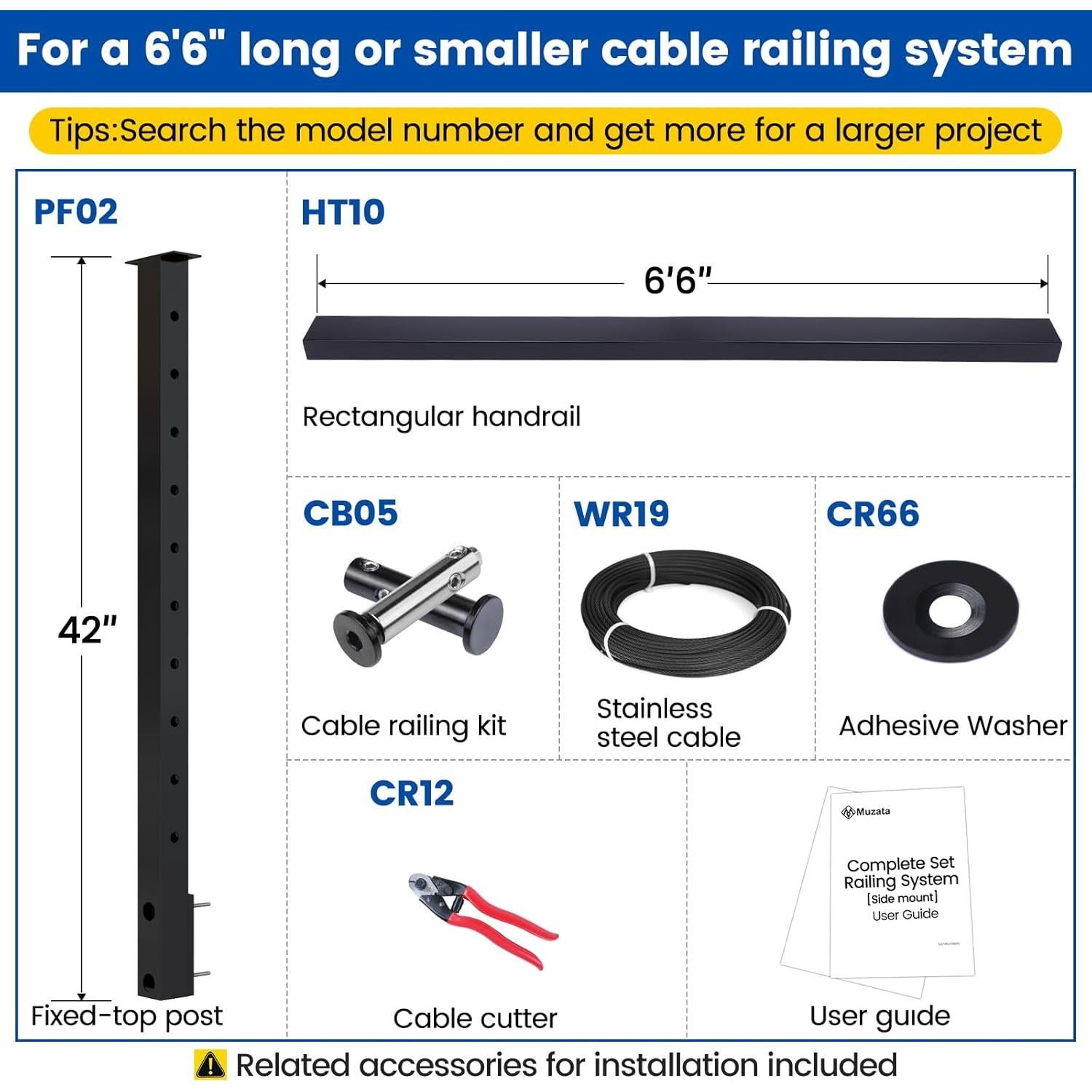 Muzata Kit Completo Barandilla de Cable 36" Negro RCF2