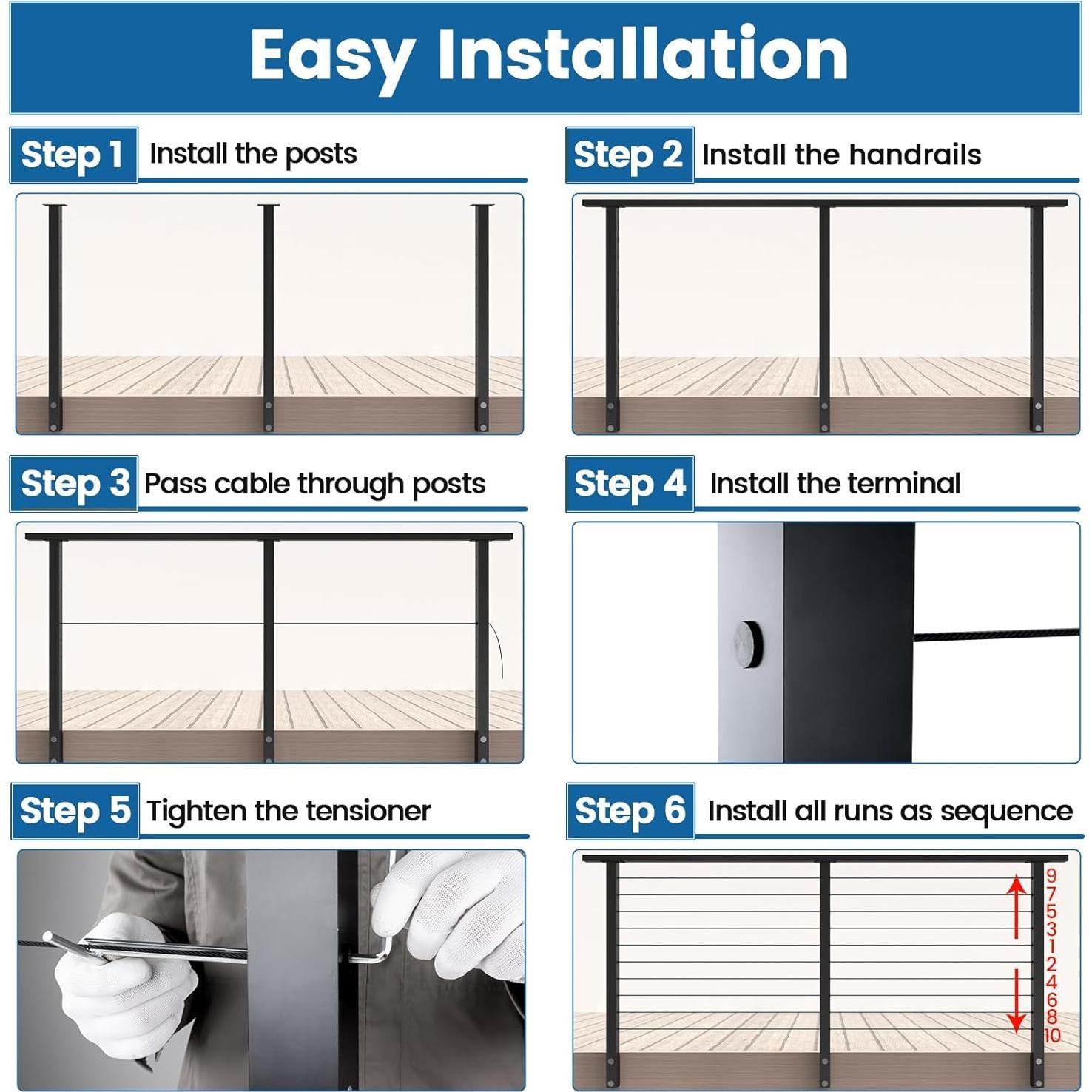 Muzata Kit Completo Barandilla de Cable 36" Negro RCF2