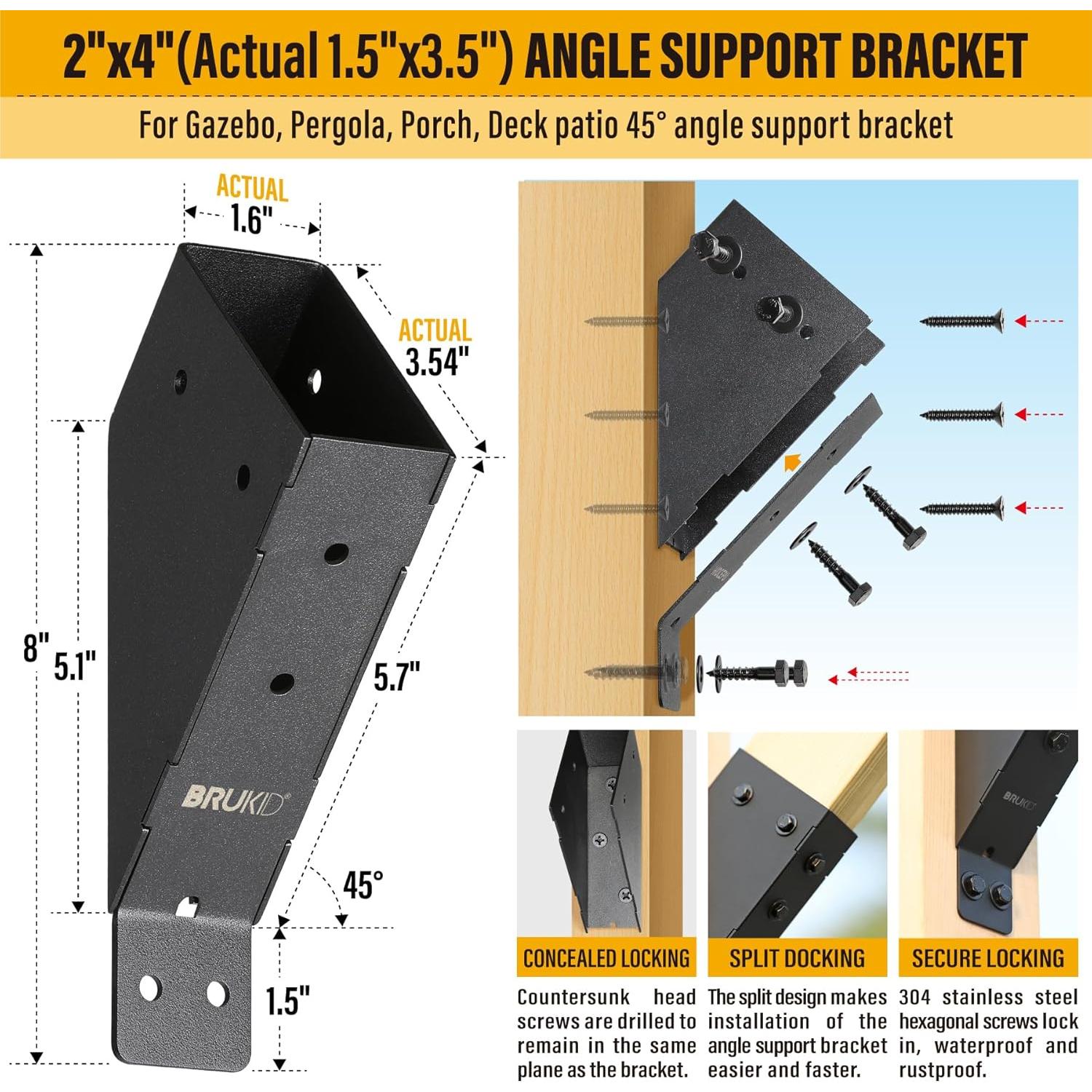 Soporte de Ángulo 45° Brukid 4 Piezas para Madera 2x4