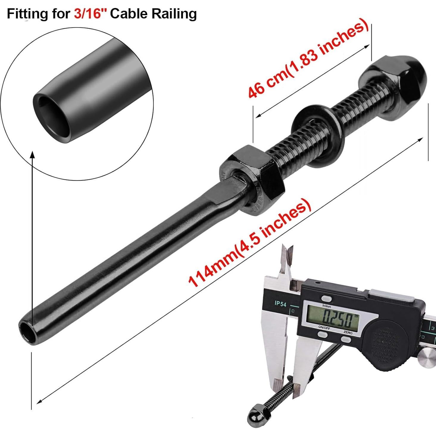 CKE Terminal de Tensión Roscado Negro para Barandilla de Cable 3/16"