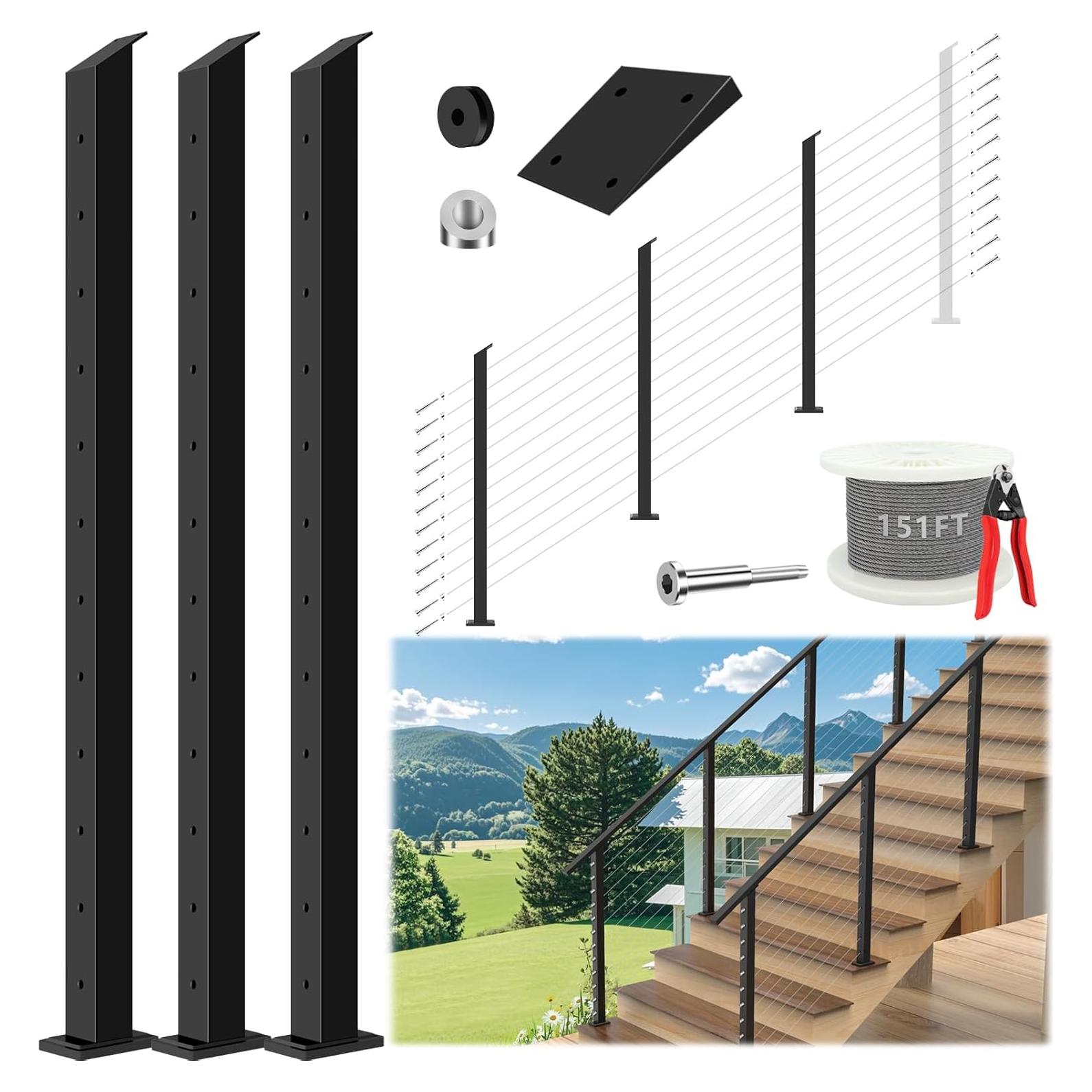 Kit de barandilla de cable Gyykzz para escaleras 3 postes 42 cm