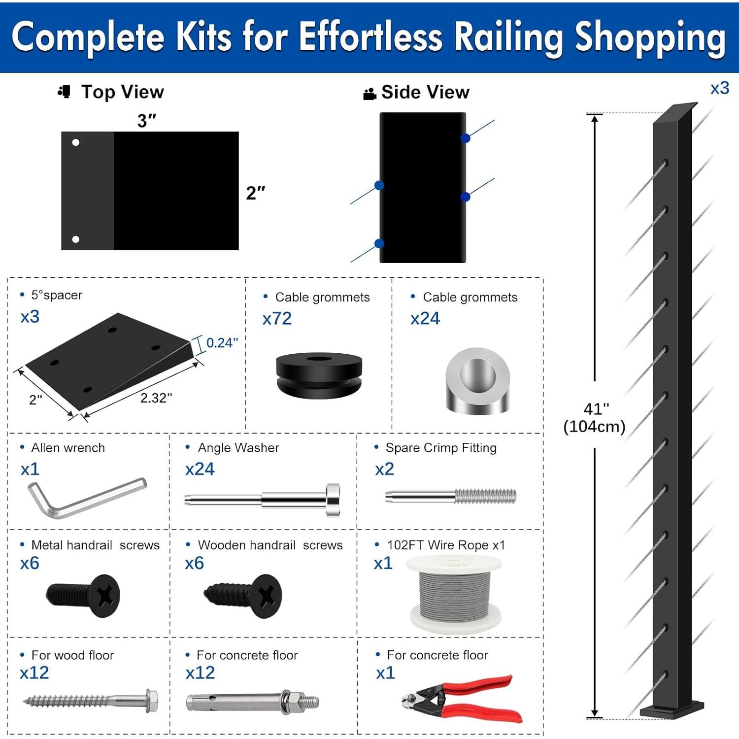 Kit de barandilla de cable Gyykzz para escaleras 3 postes 42 cm