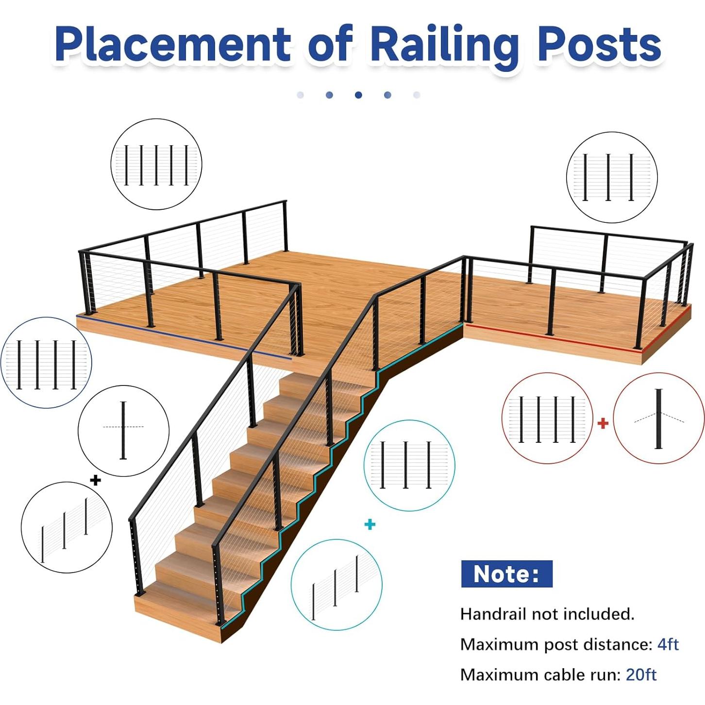 Kit de barandilla de cable Gyykzz para escaleras 3 postes 42 cm