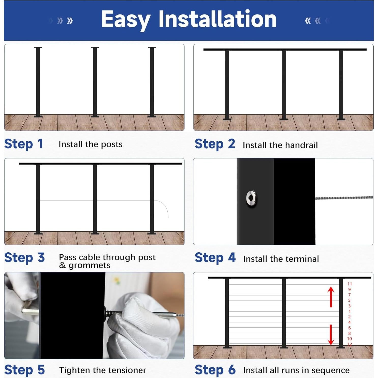 Kit de barandilla de cable Gyykzz para escaleras 3 postes 42 cm