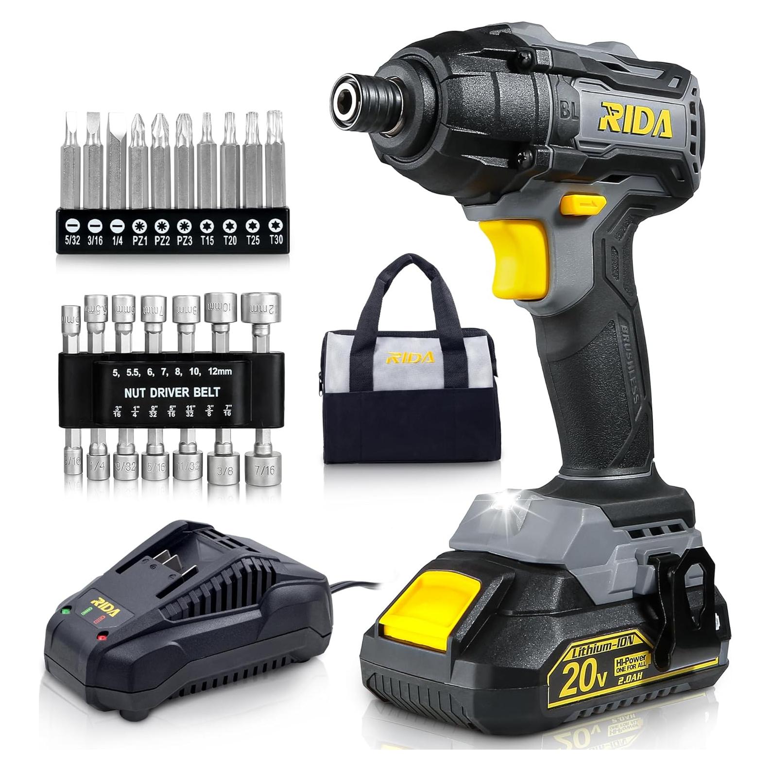 Destornillador de Impacto Inalámbrico RIDA 20V 180Nm con Accesorios