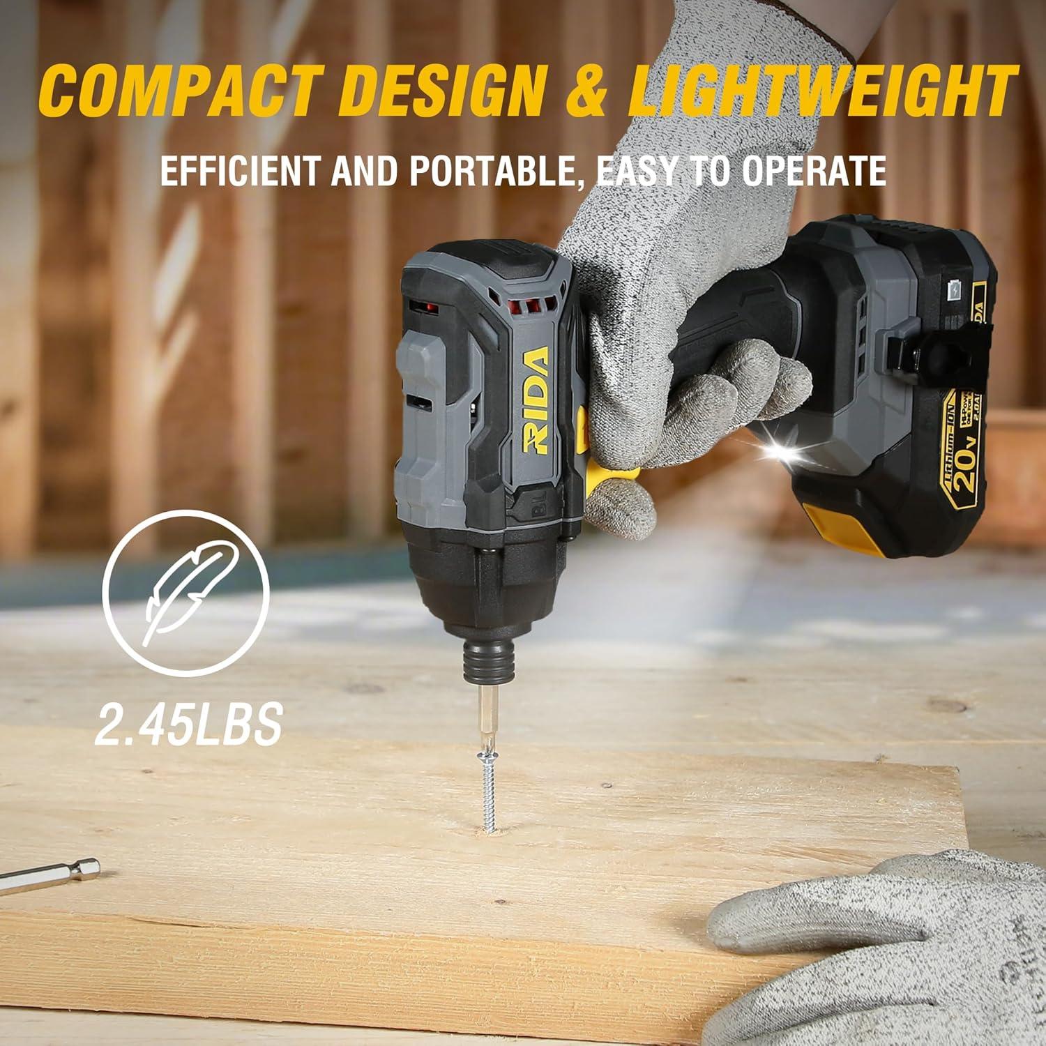 Destornillador de Impacto Inalámbrico RIDA 20V 180Nm con Accesorios