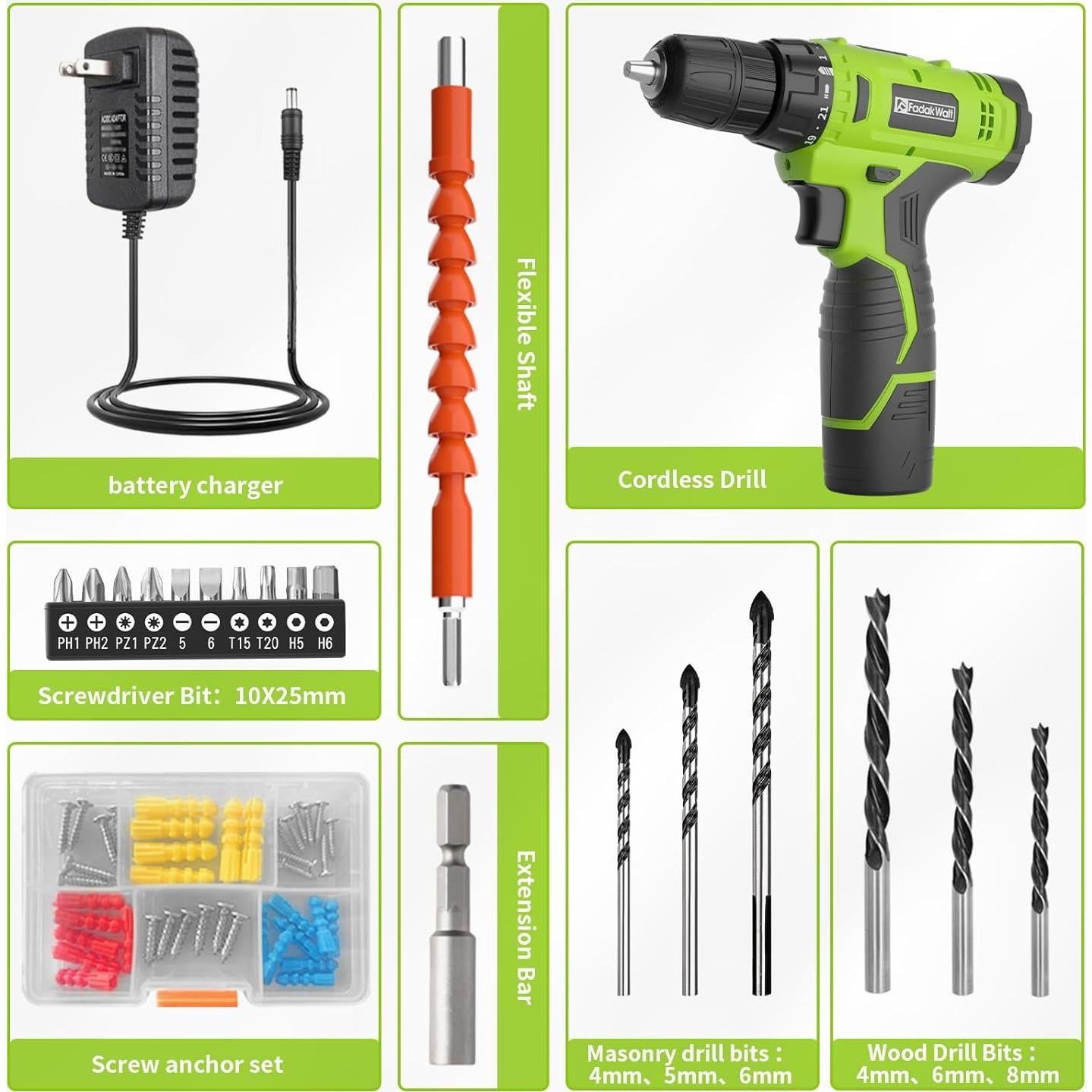 Taladro Inalámbrico FADAKWALT 12V con Batería y Cargador