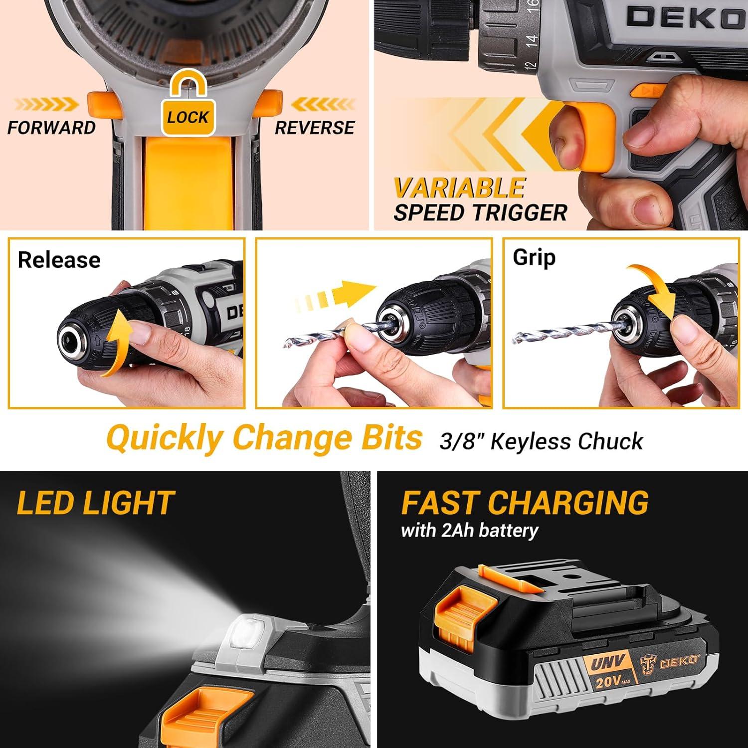 Juego de Herramientas DEKOPRO 20V Taladro Eléctrico y Accesorios