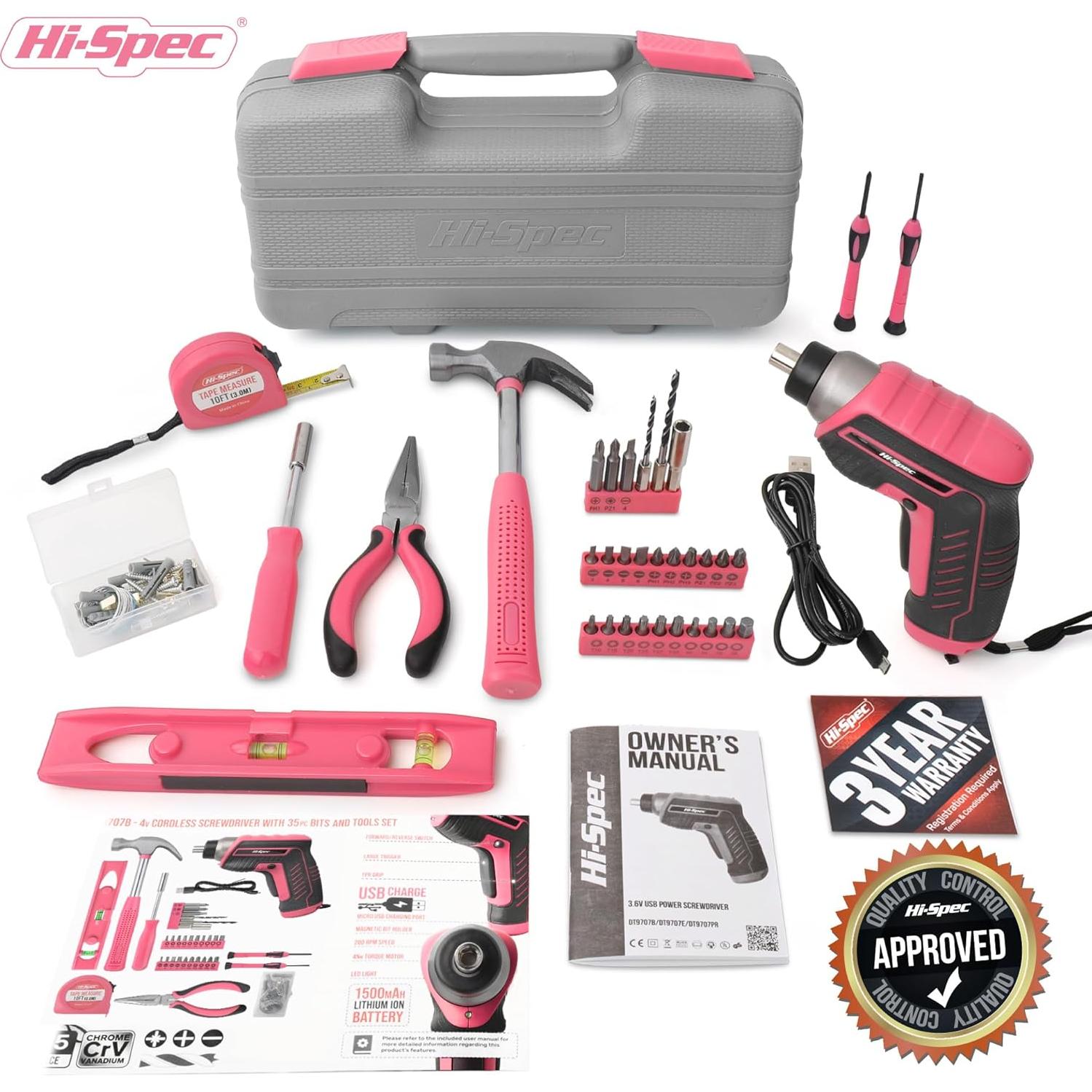 Kit de Herramientas Rosa 35 Piezas con Destornillador 3.6V