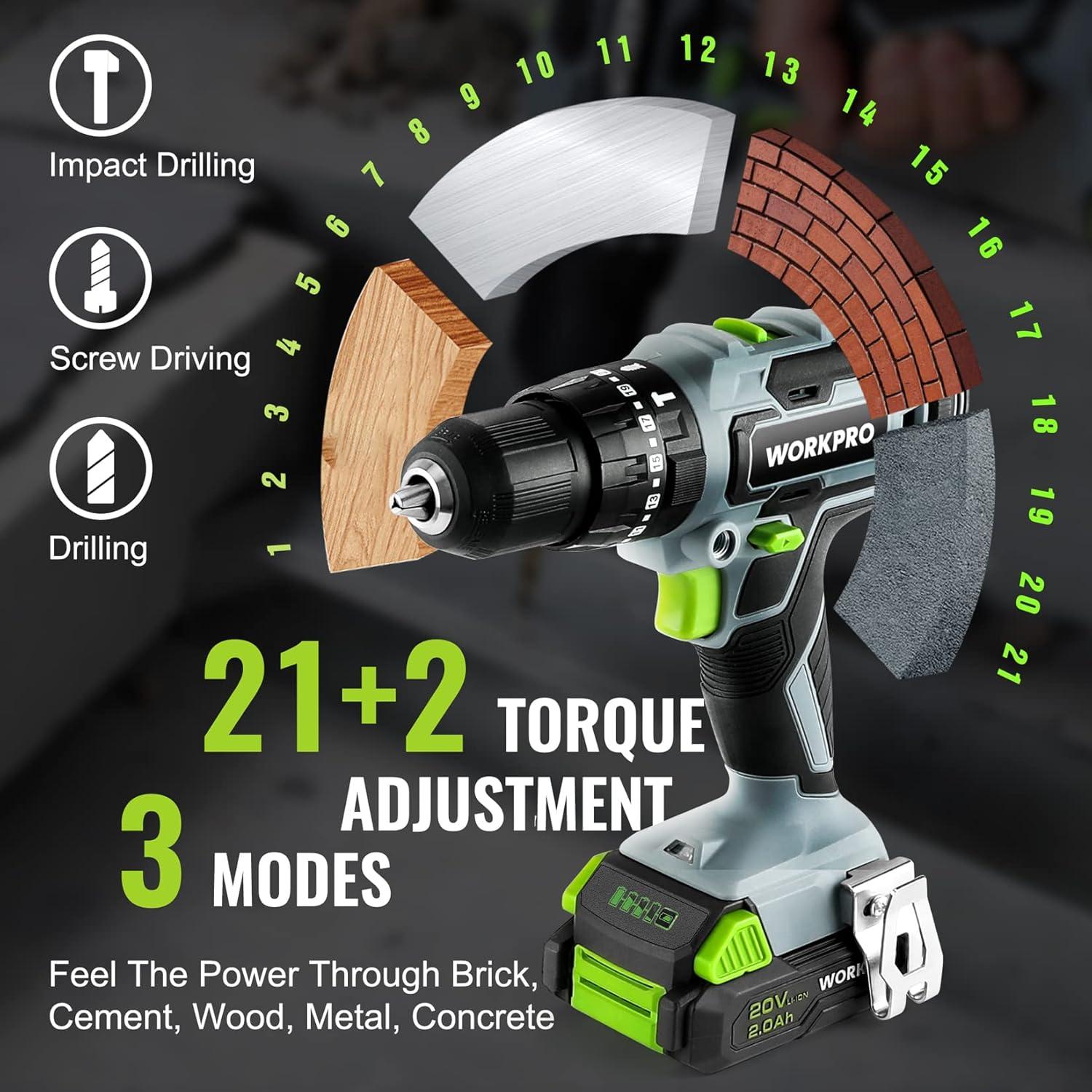 Taladro Inalámbrico WORKPRO 20V con 102 Accesorios