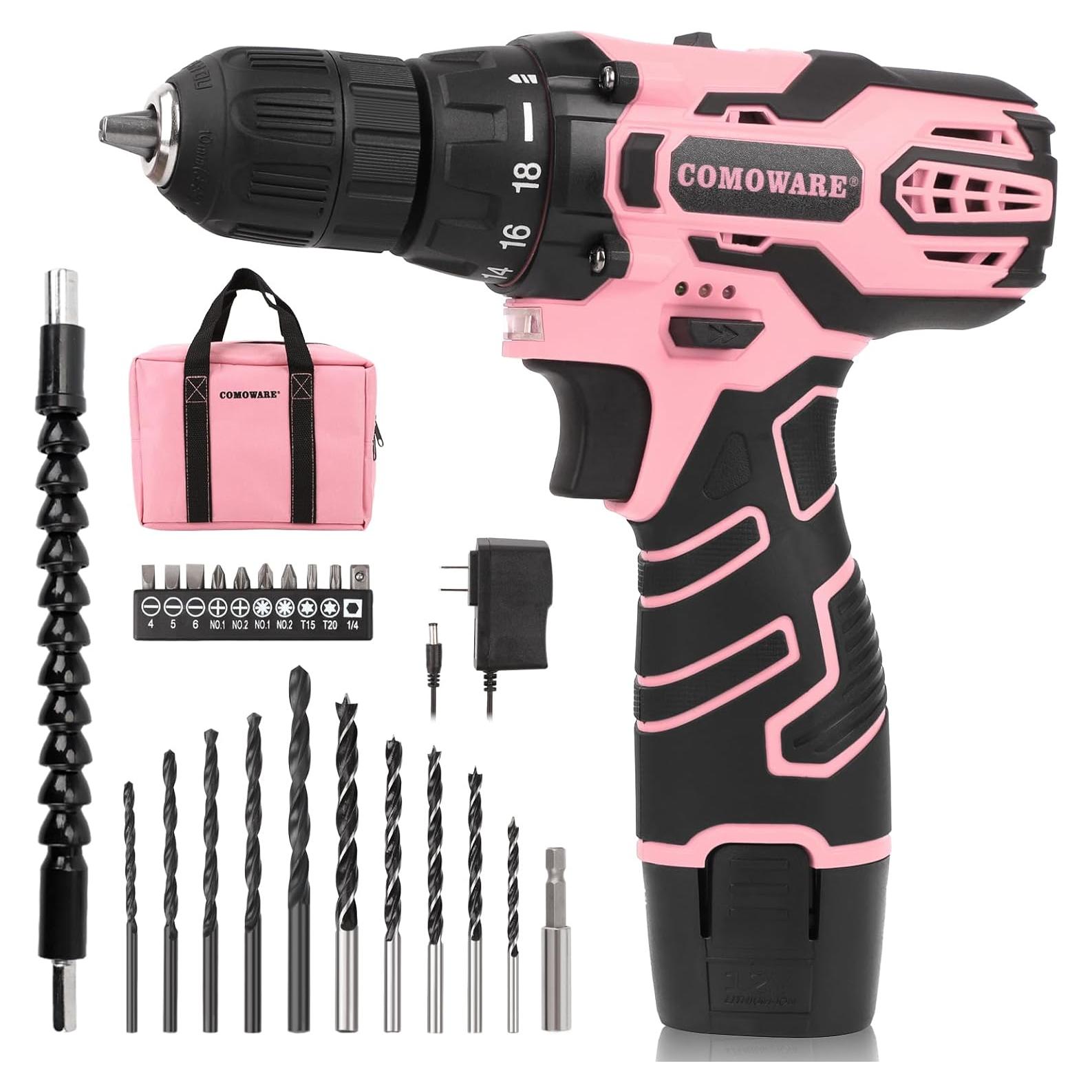 Taladro Inalámbrico COMOWARE Rosa 12V 23 Piezas con Luz LED