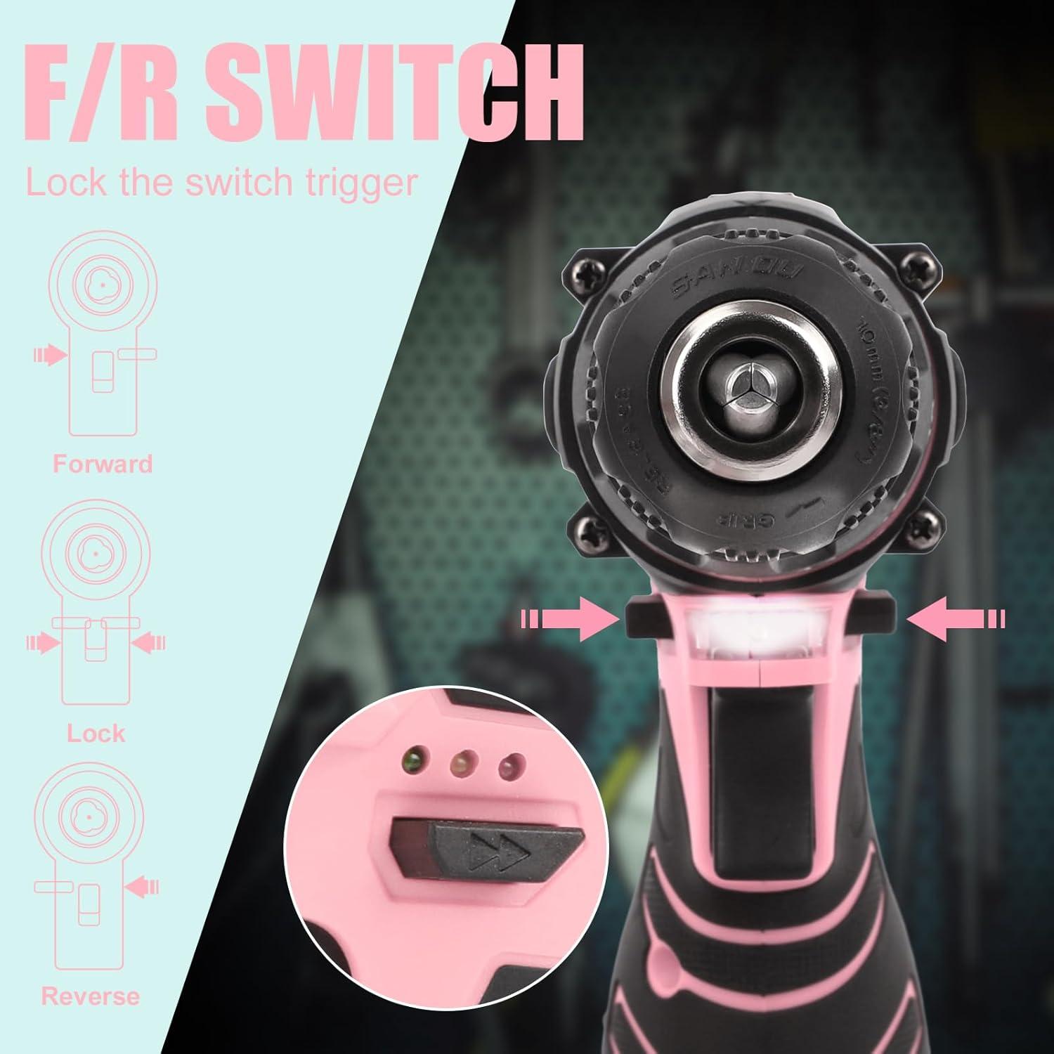 Taladro Inalámbrico COMOWARE Rosa 12V 23 Piezas con Luz LED