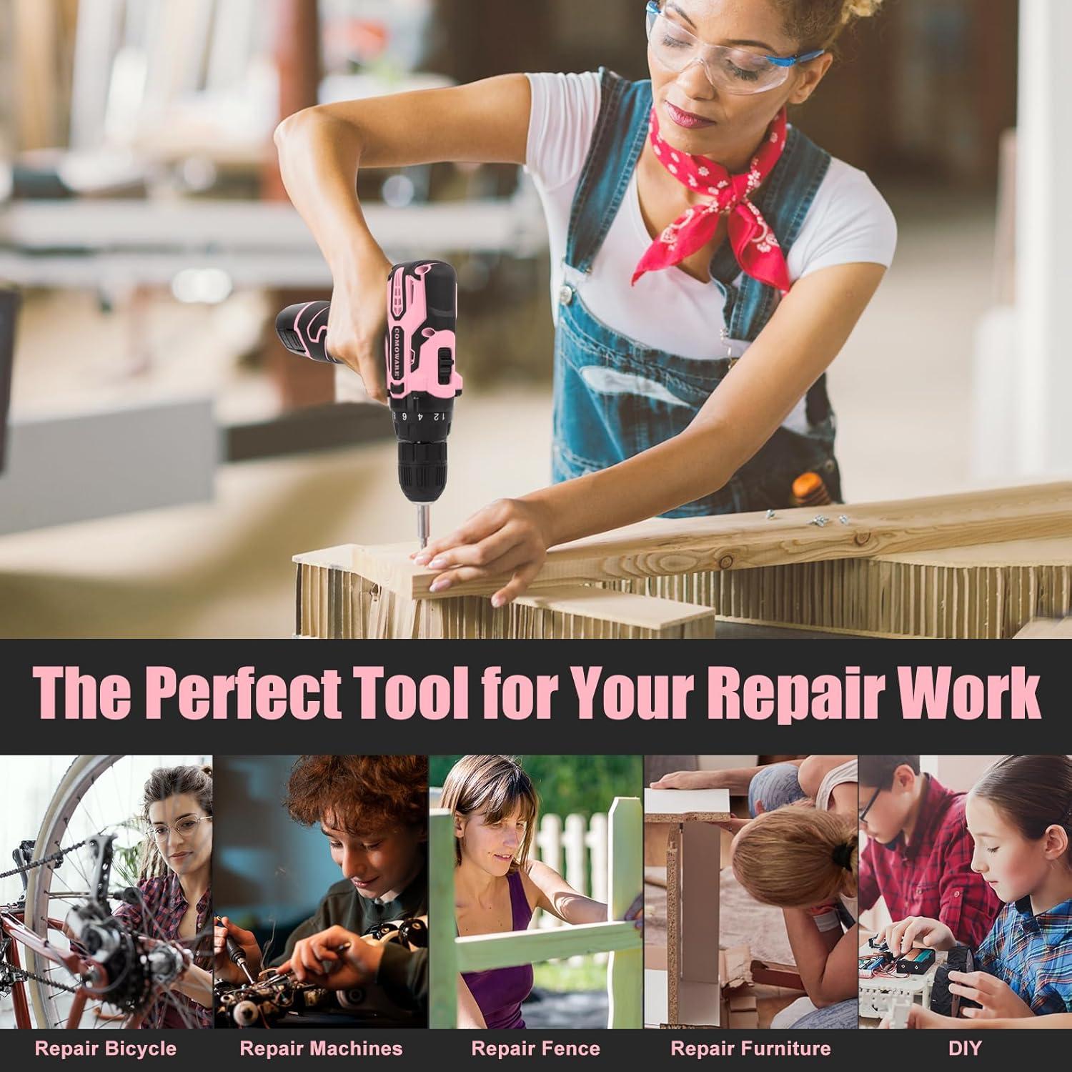 Taladro Inalámbrico COMOWARE Rosa 12V 23 Piezas con Luz LED