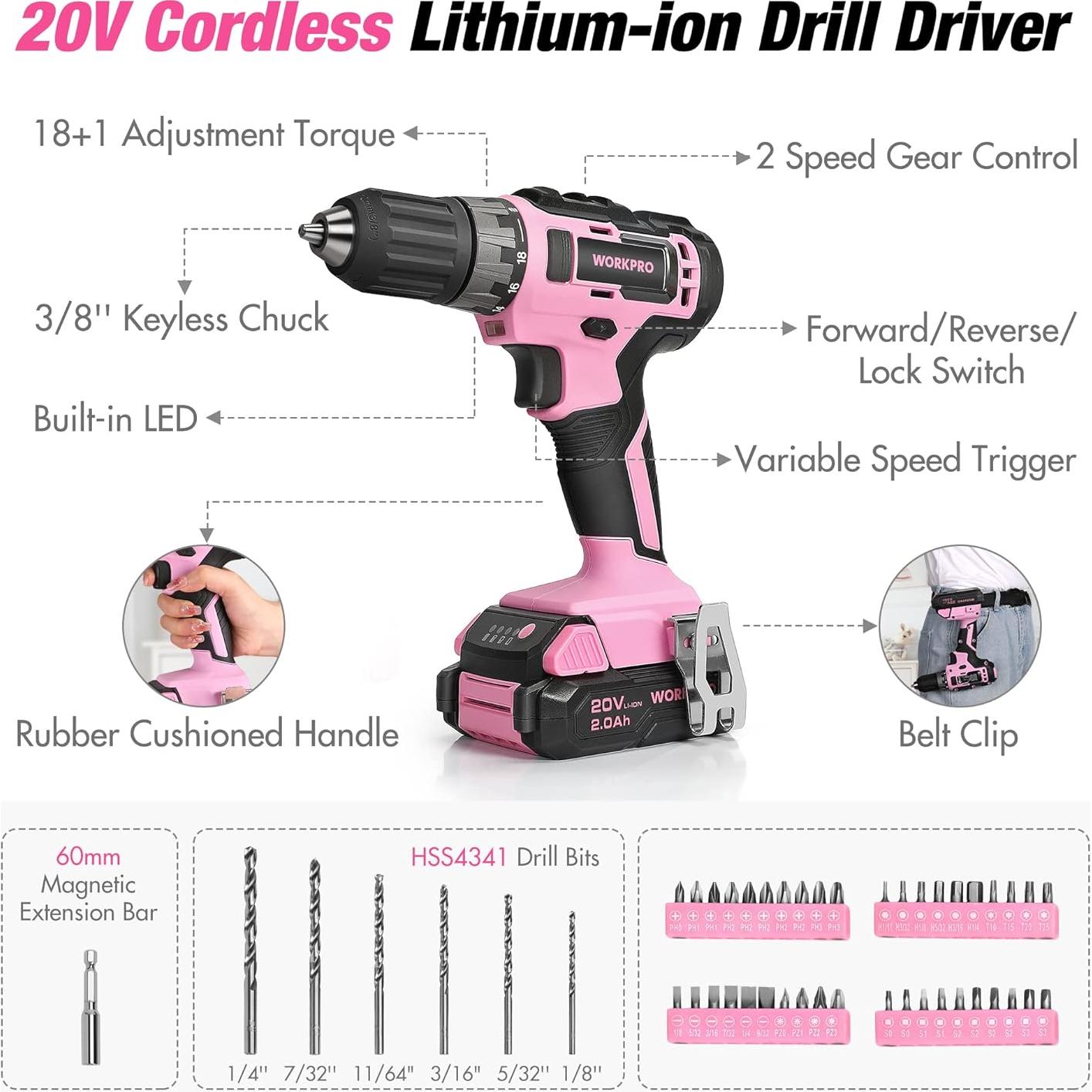 Kit de Herramientas Rosa Workpro 157PCS con Taladro 20V