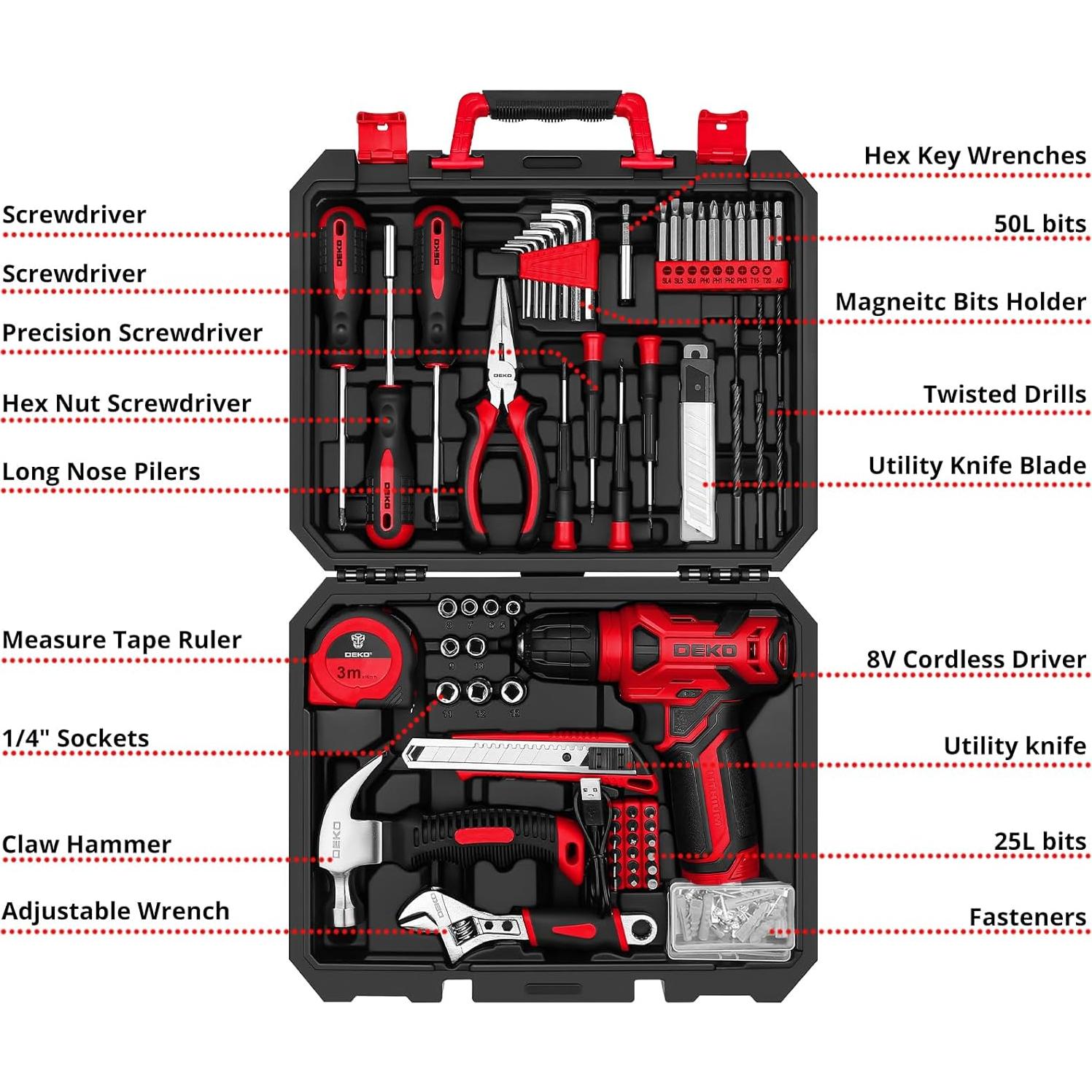 DEKOPRO Taladro Inalámbrico 8V Rojo Kit de 126 Piezas
