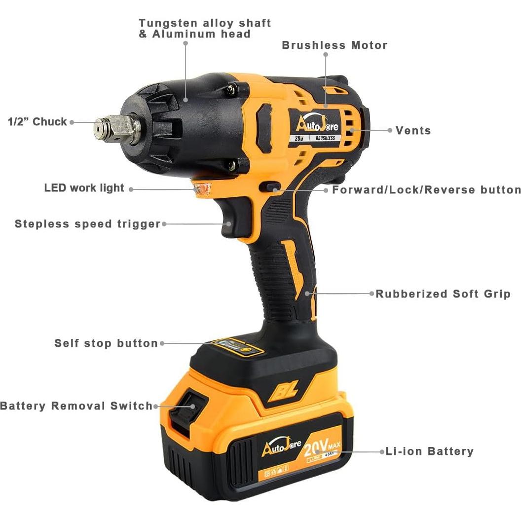 Llave de impacto inalámbrica AUTOJARE 20V 650N.m 3 en 1