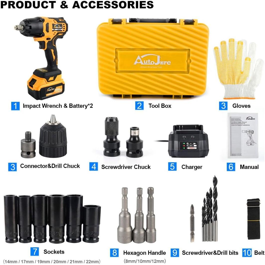 Llave de impacto inalámbrica AUTOJARE 20V 650N.m 3 en 1