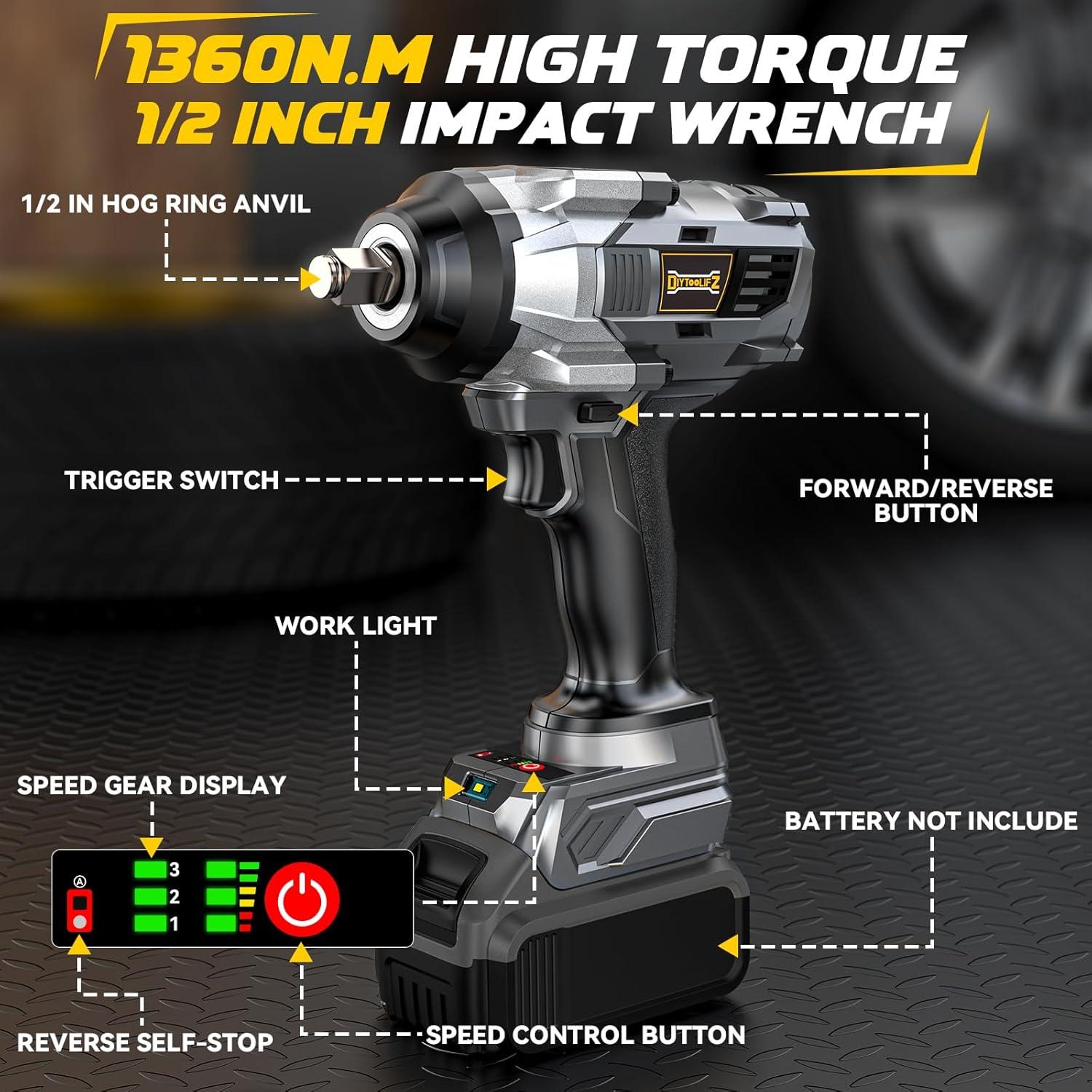 Llave de impacto inalámbrica DIYtoolifz 20V 1360Nm LED