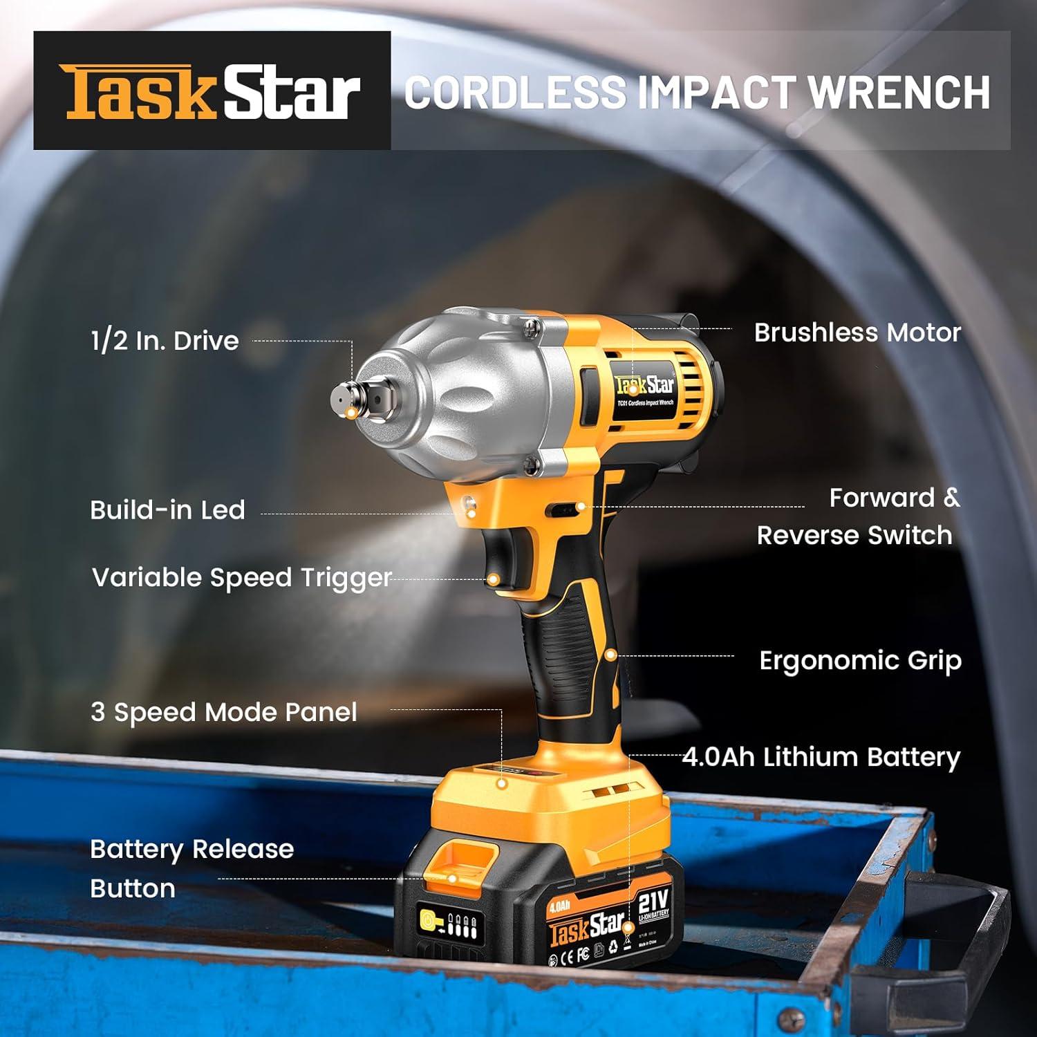 Llave de impacto inalámbrica TaskStar 1000Nm 1/2" 2 Baterías