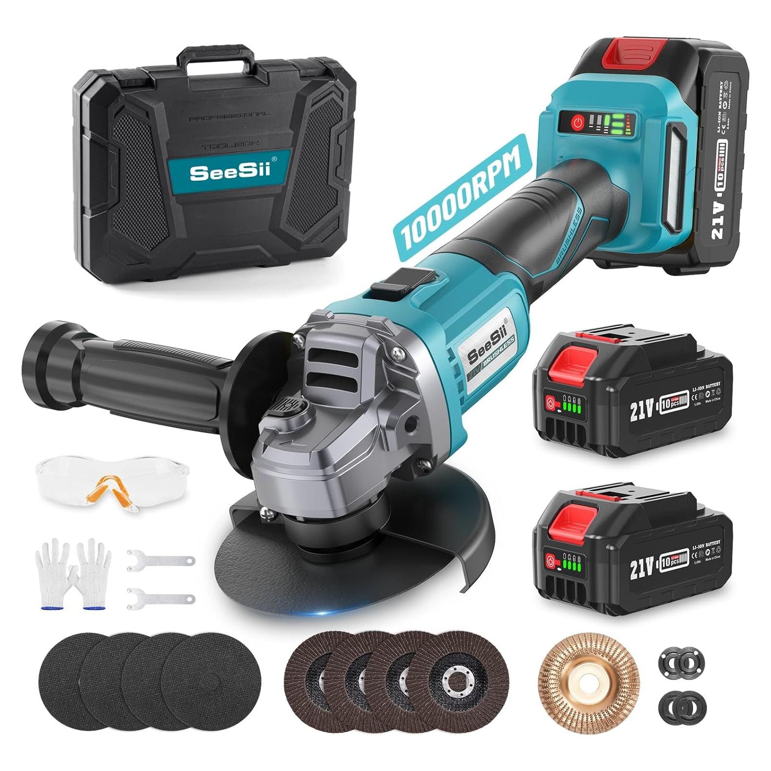 Amoladora Angular Inalámbrica Seesii 21V 10000RPM 4.5" Azul