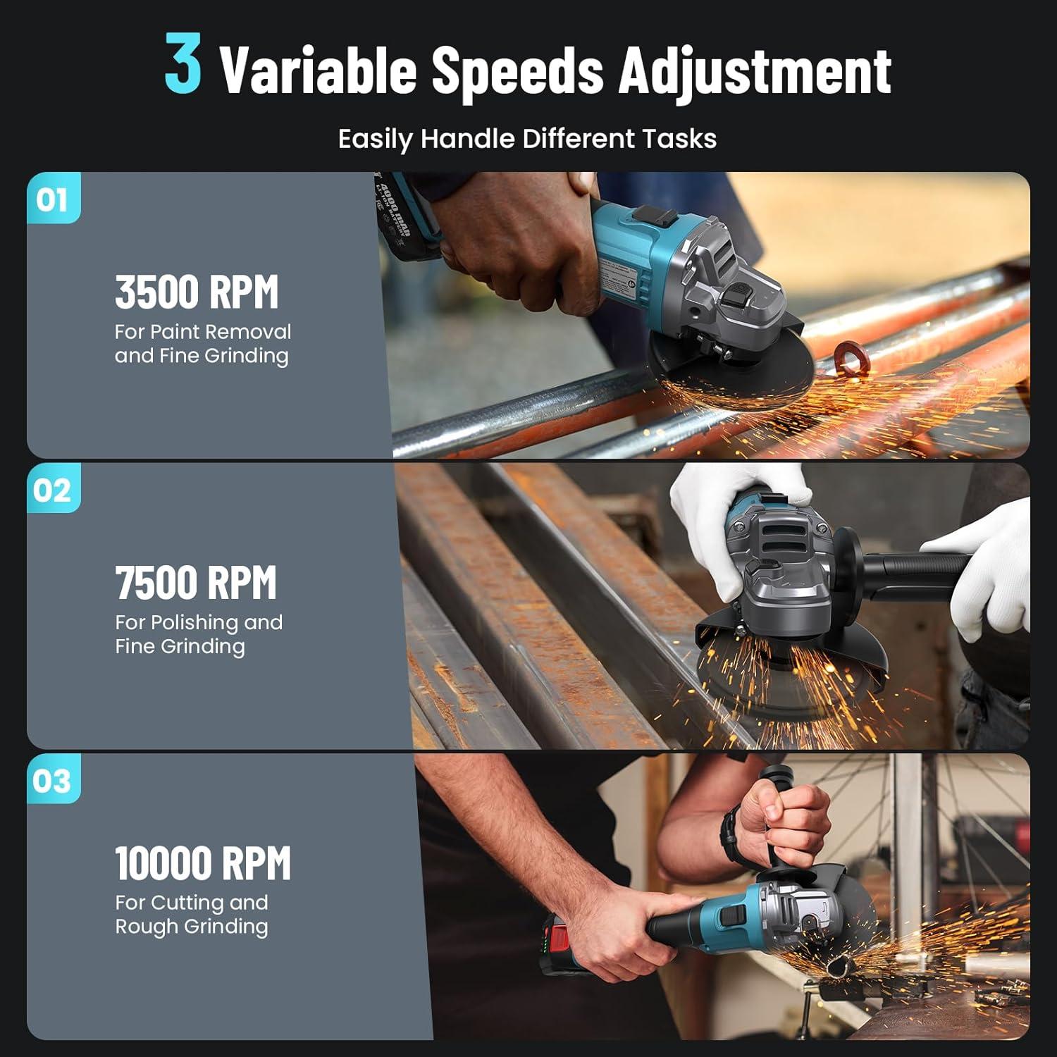 Amoladora Angular Inalámbrica Seesii 21V 10000RPM 4.5" Azul