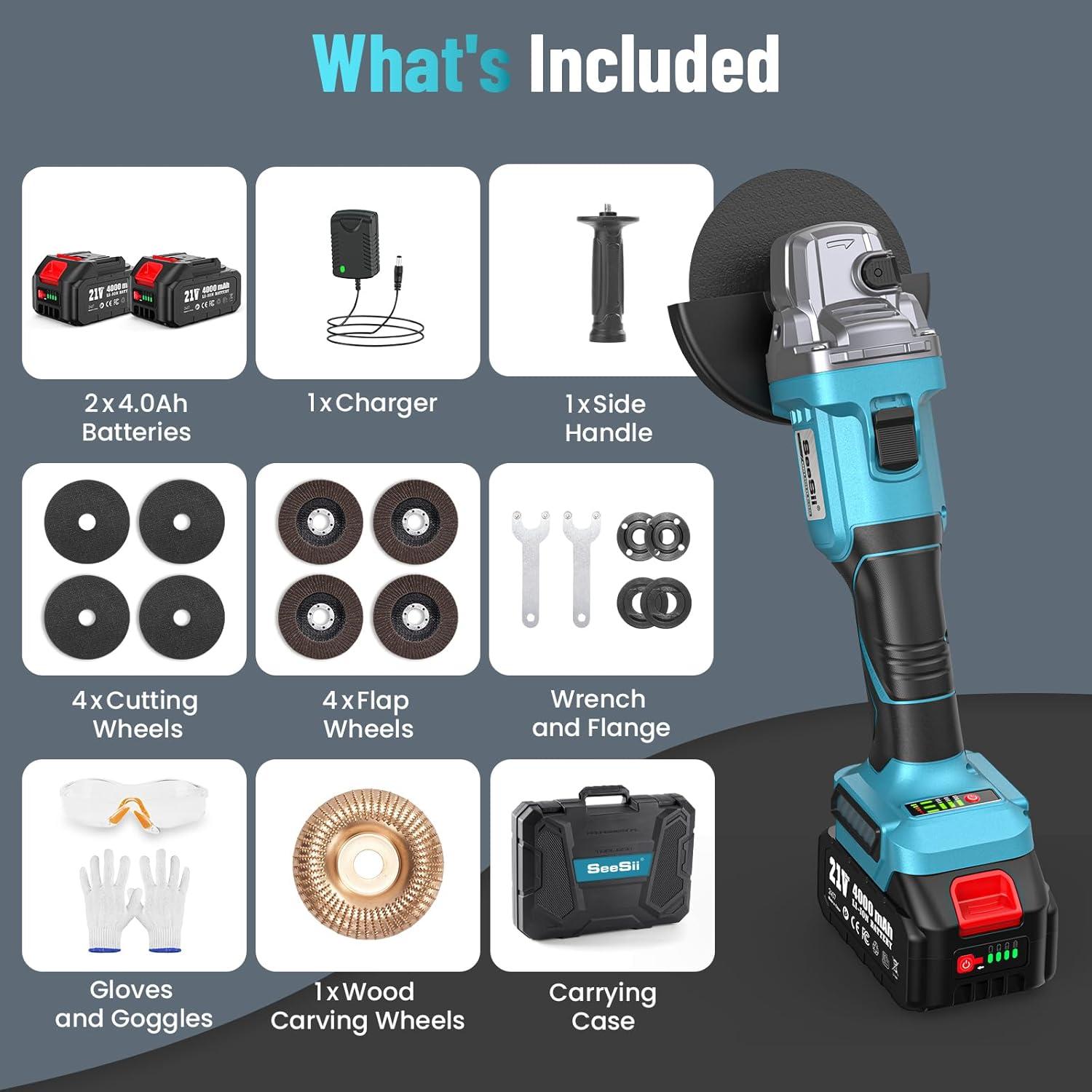 Amoladora Angular Inalámbrica Seesii 21V 10000RPM 4.5" Azul