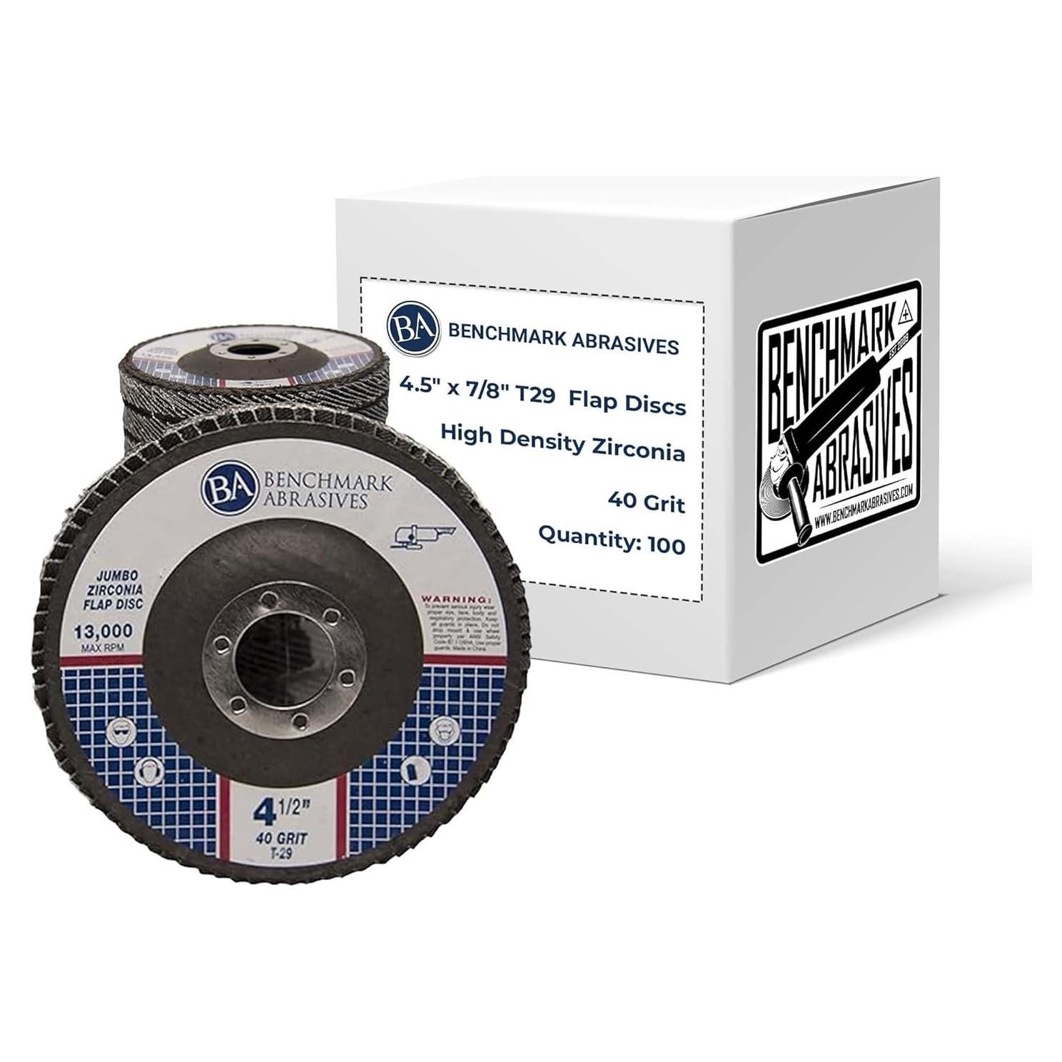 Discos de Aleta Jumbo Benchmark 4.5" Zirconia 40 Grano 100 Pzas