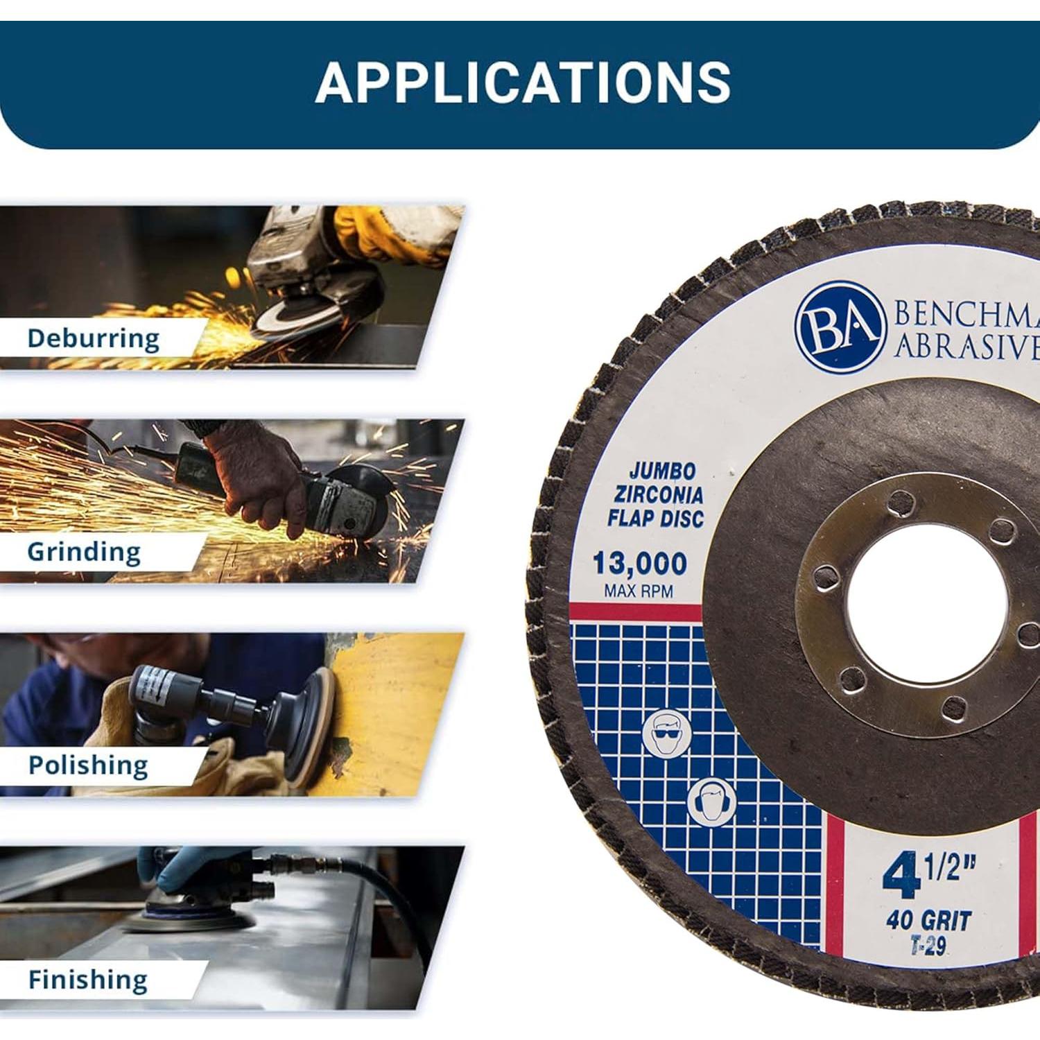 Discos de Aleta Jumbo Benchmark 4.5" Zirconia 40 Grano 100 Pzas