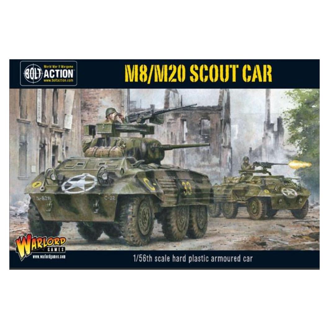 Warlord Bolt Action American M8/M20 Greyhound Scout Car 1:56 Tabletop Miniatures - Plastic Paintable Miniature WWII Soldiers Set, Unpainted Table Top 28mm Military Minifigures for Adults - Gaming Pack