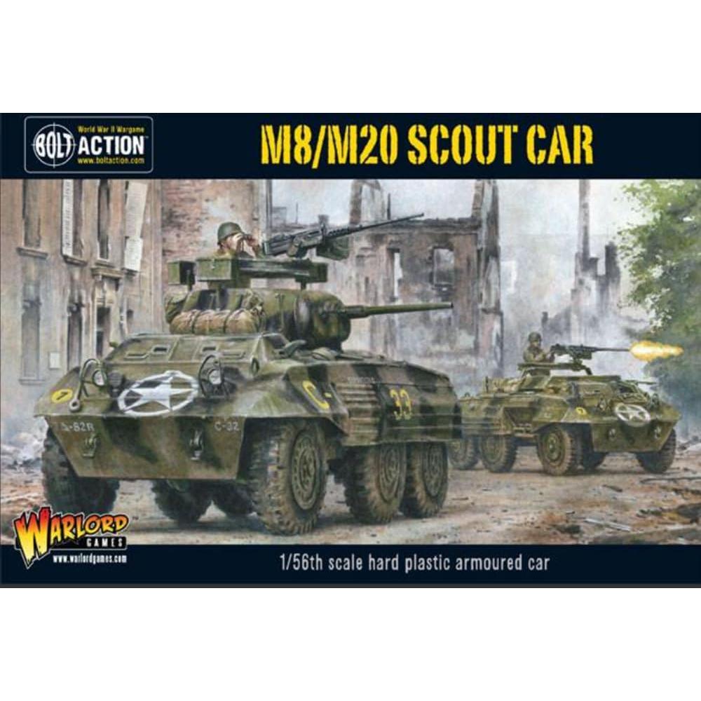 Warlord Bolt Action American M8/M20 Greyhound Scout Car 1:56 Tabletop Miniatures - Plastic Paintable Miniature WWII Soldiers Set, Unpainted Table Top 28mm Military Minifigures for Adults - Gaming Pack