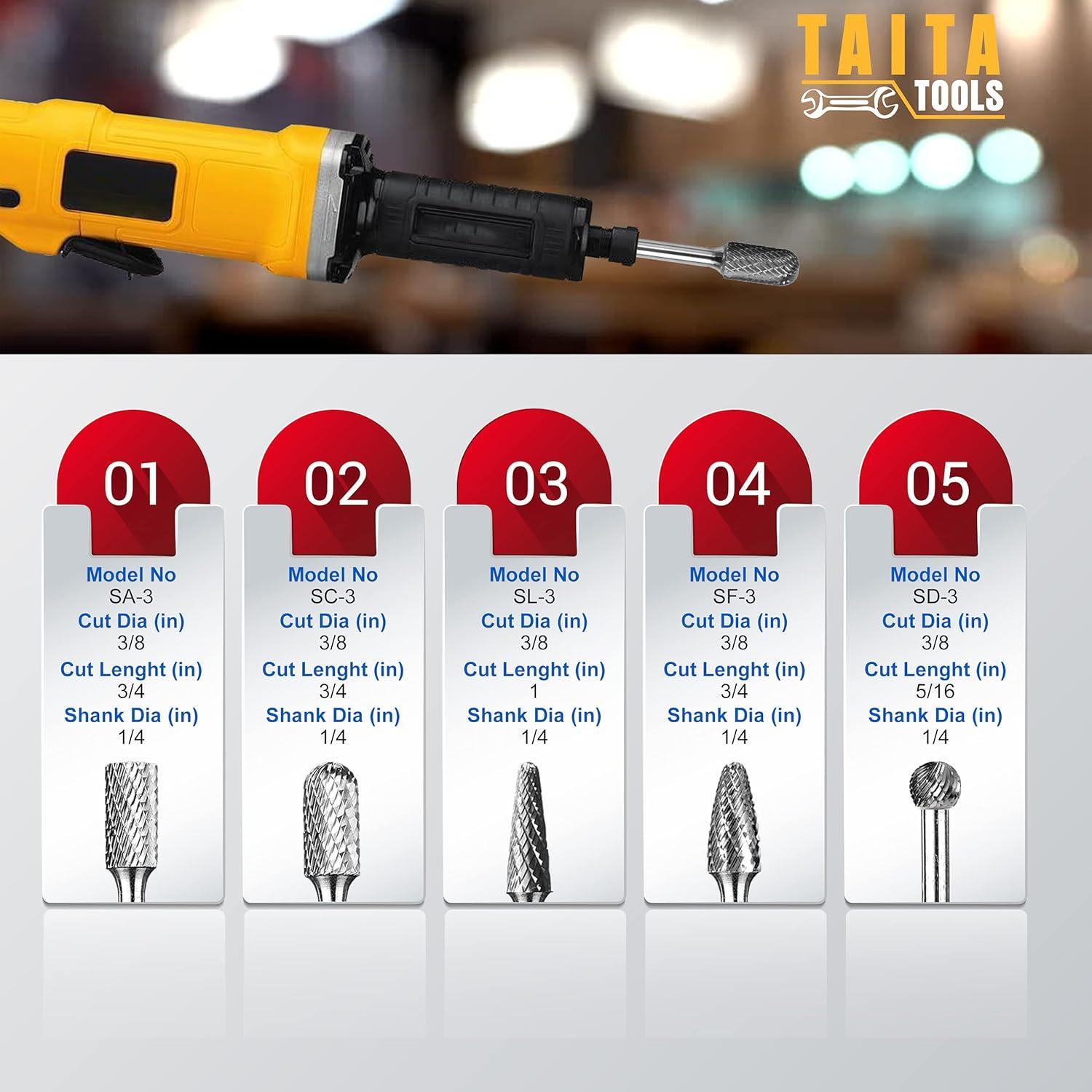Juego de 5 fresas de carburo TaitaTools 0,64 cm para amoladora