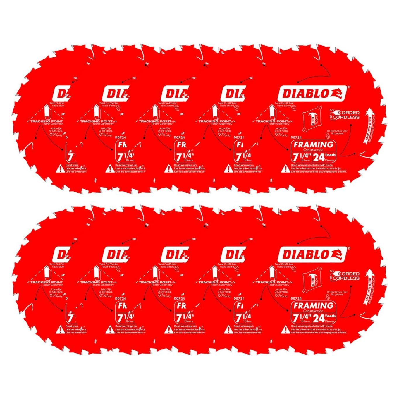 Hoja de sierra Diablo 7.25" 24 dientes - 10 piezas