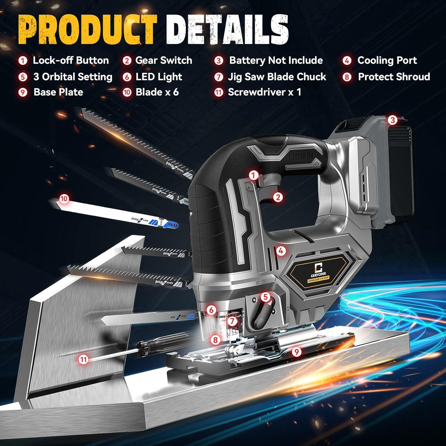 Sierra de calar inalámbrica Cerycose 20V 2900 RPM con LED