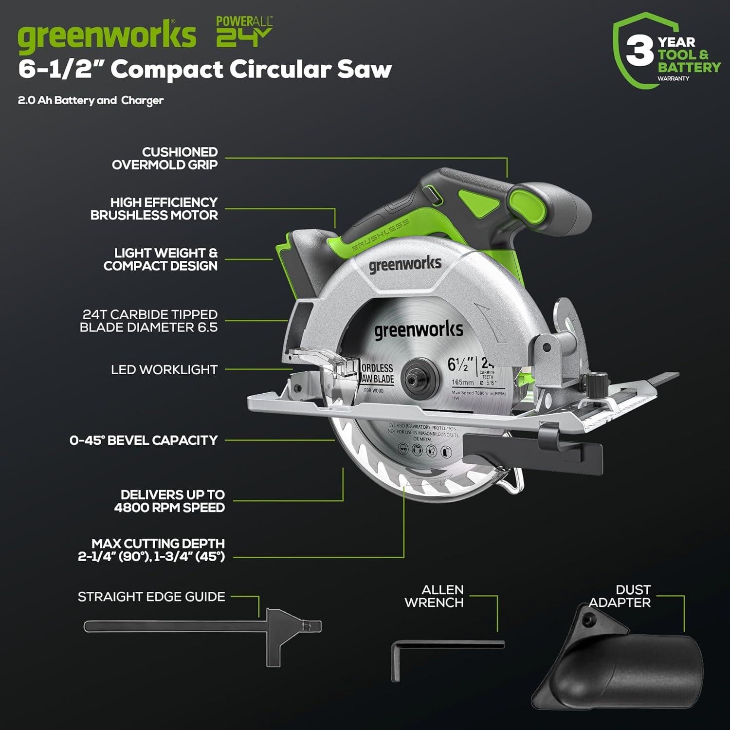 Sierra Circular Greenworks 24V 6.5" Sin Escobillas 4800 RPM