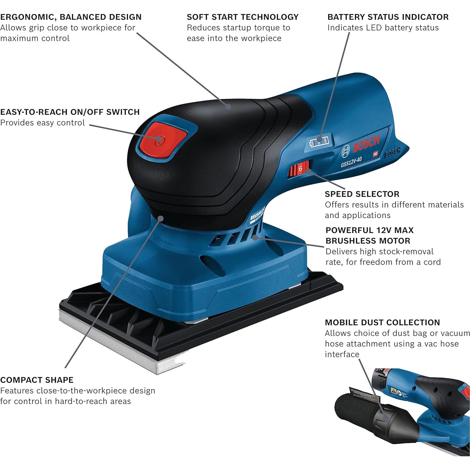 Lijadora Orbital Sin Cable BOSCH GSS12V-40N 12V 1/4 y 1/3 Hoja