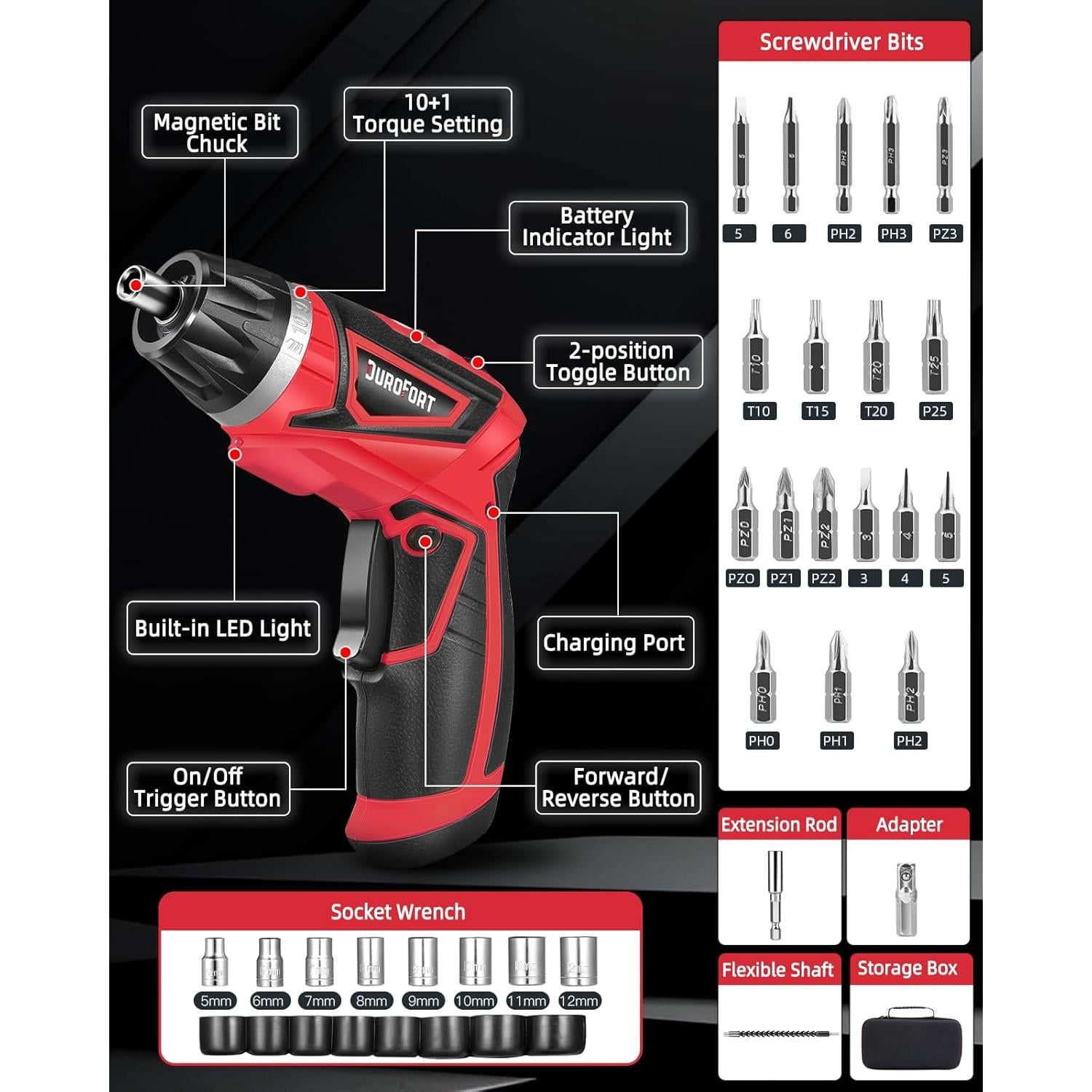 Destornillador eléctrico DuroFort 8V recargable 28 piezas