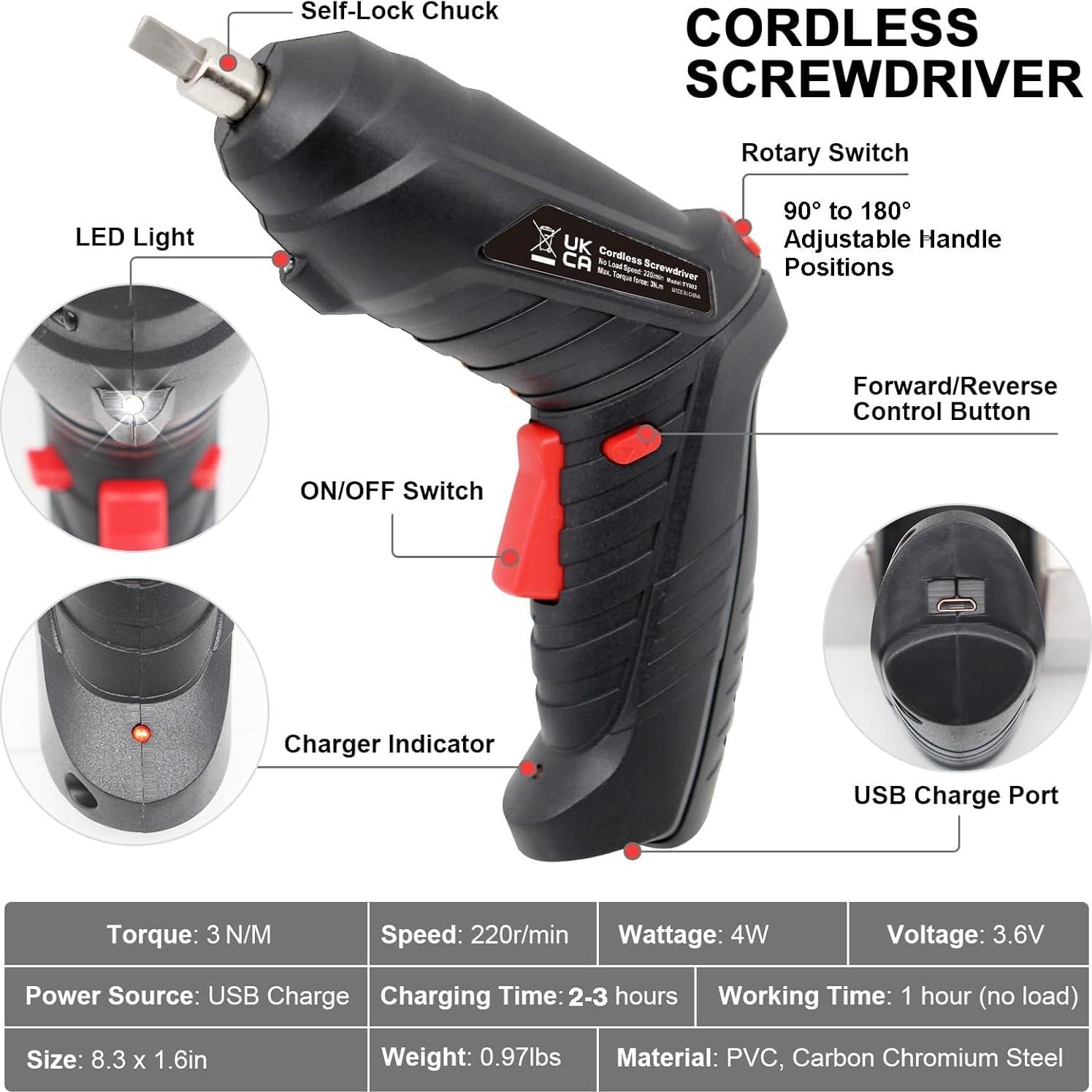 Destornillador Eléctrico MYMULIKE 3.6V Inalámbrico con 47 Acc.