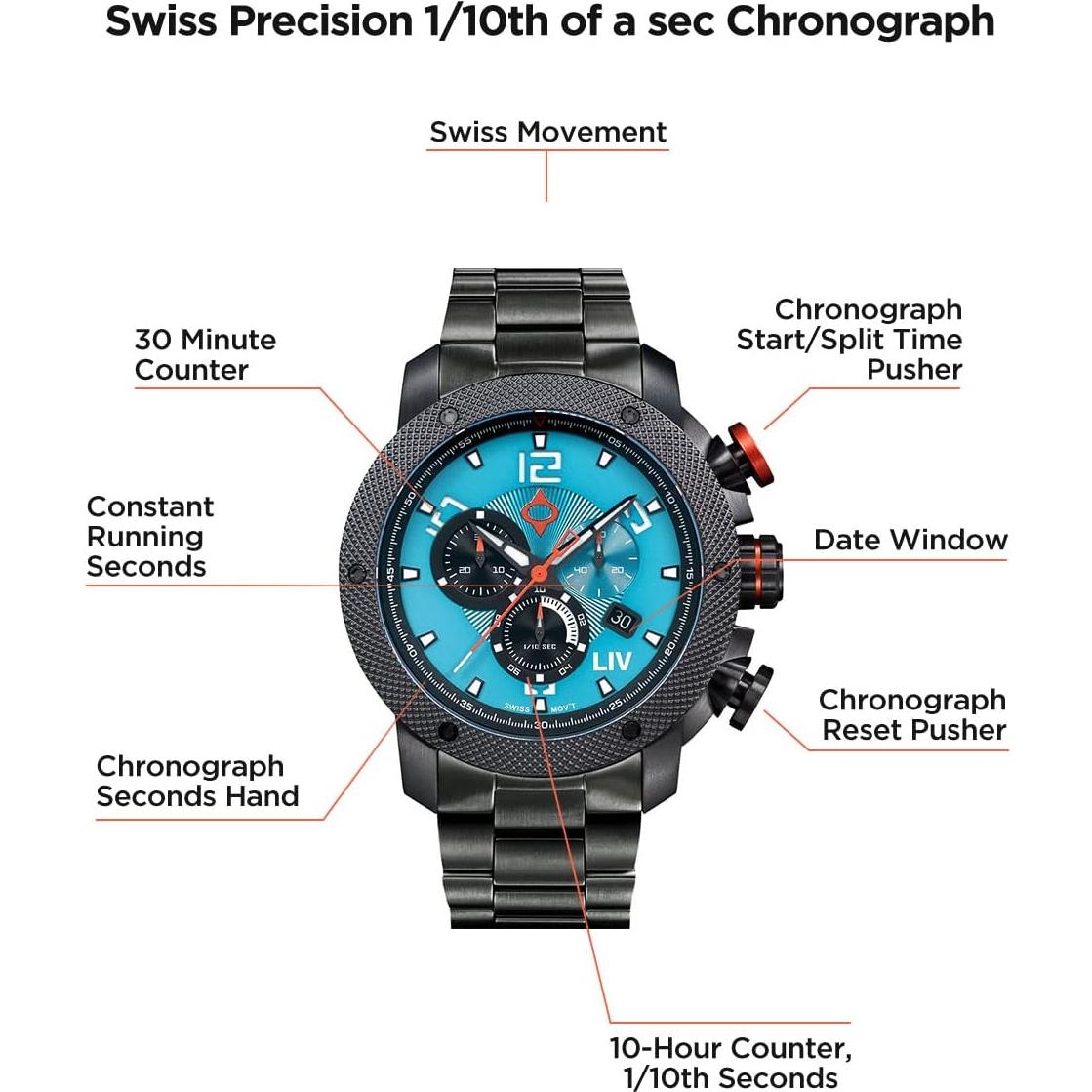 Reloj Cronógrafo Suizo LIV GX1 45mm Acero Inoxidable