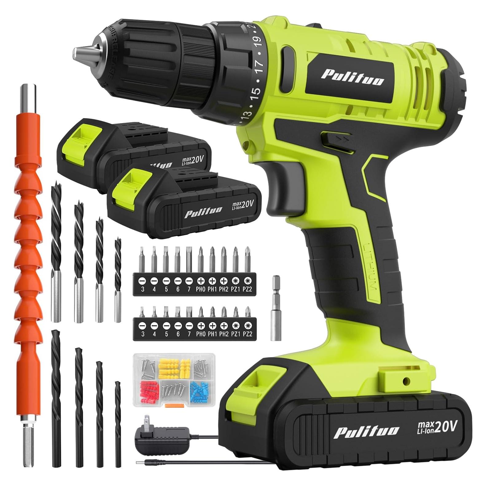 Taladro Inalámbrico PULITUO 20V - 2 Baterías, 30Nm, LED