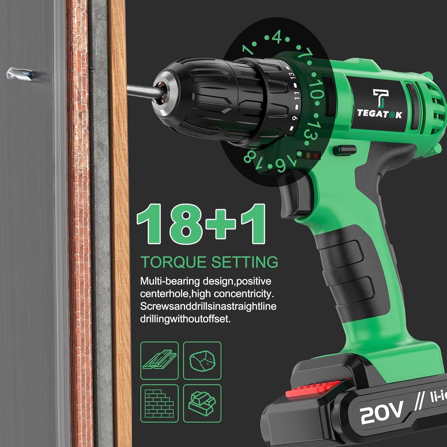 Taladro Inalámbrico Tegatok 20V con 2 Baterías y Luz LED