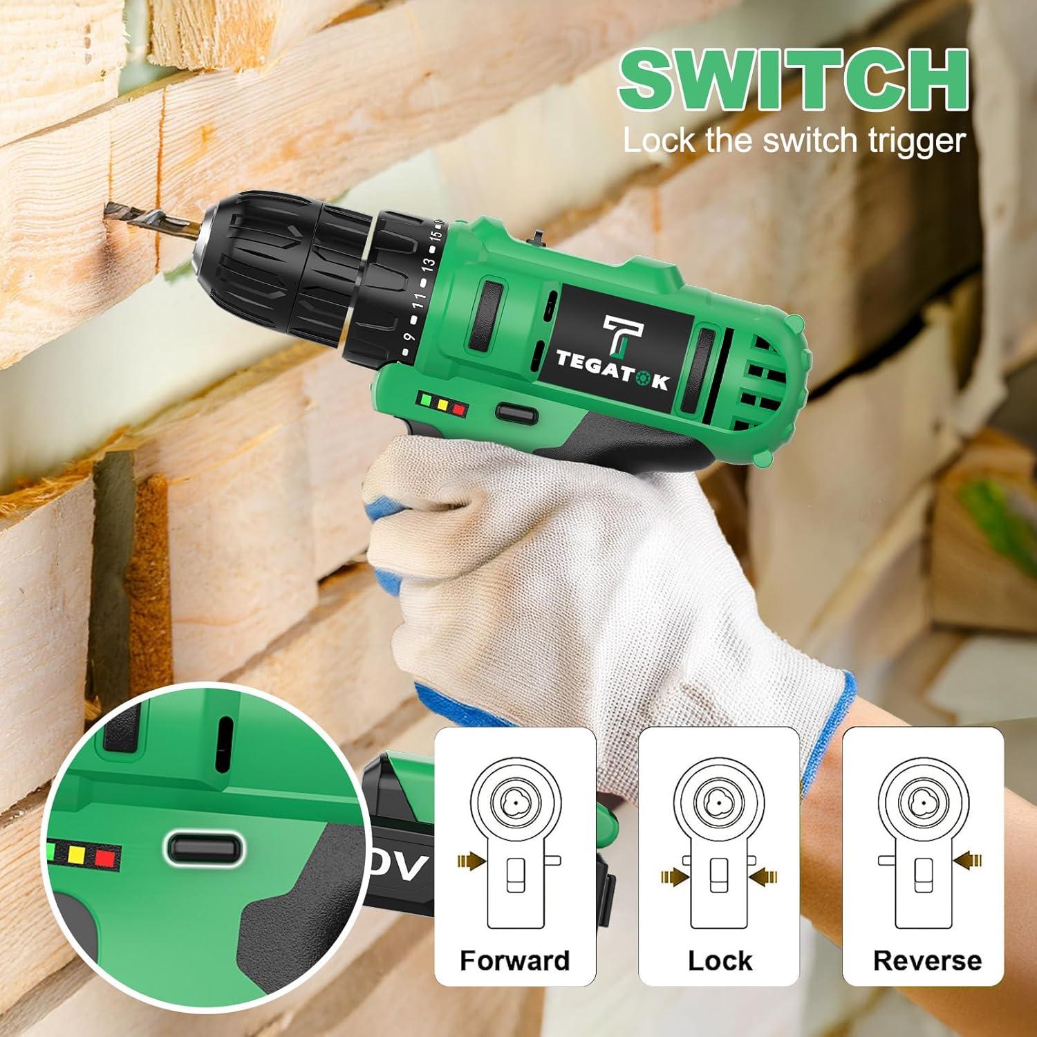 Taladro Inalámbrico Tegatok 20V con 2 Baterías y Luz LED