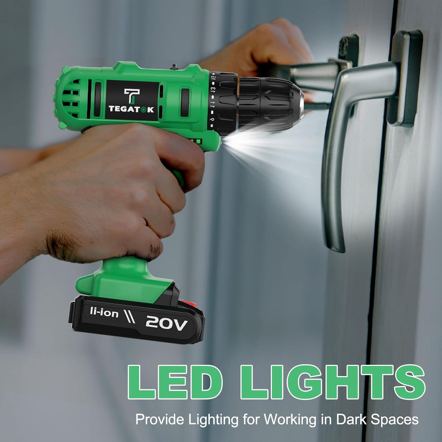 Taladro Inalámbrico Tegatok 20V con 2 Baterías y Luz LED